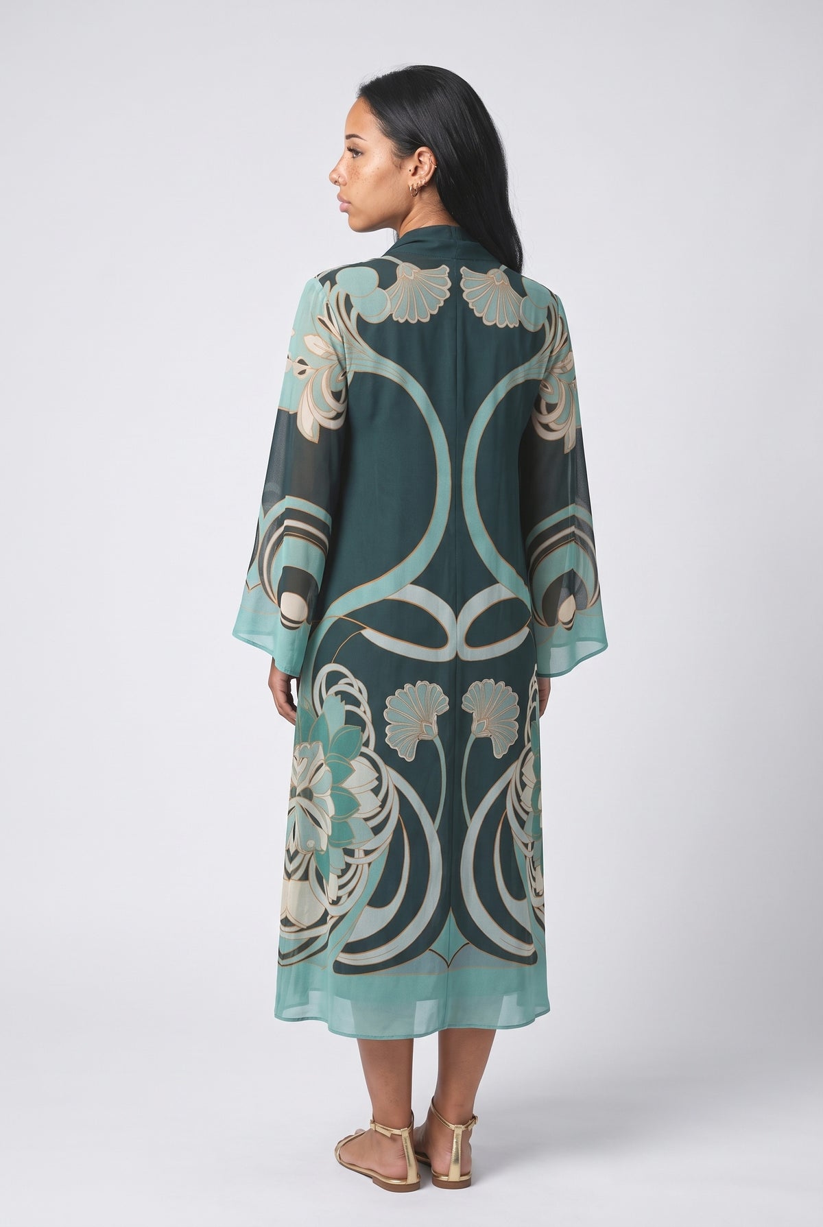 Green Geometric Chiffon Midi Dress, back view