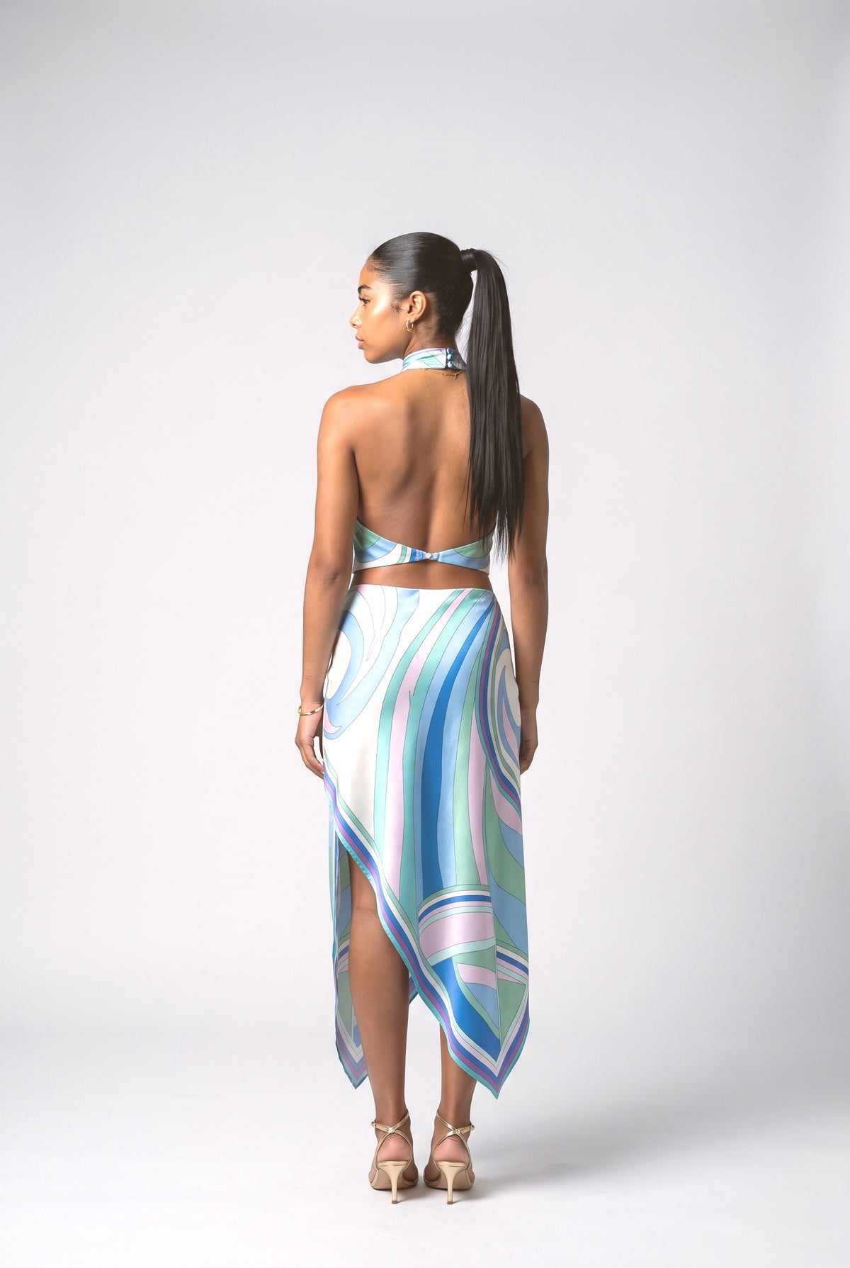 Multicolor Print Satin Backless Asymmetric Outfit Set, back view
