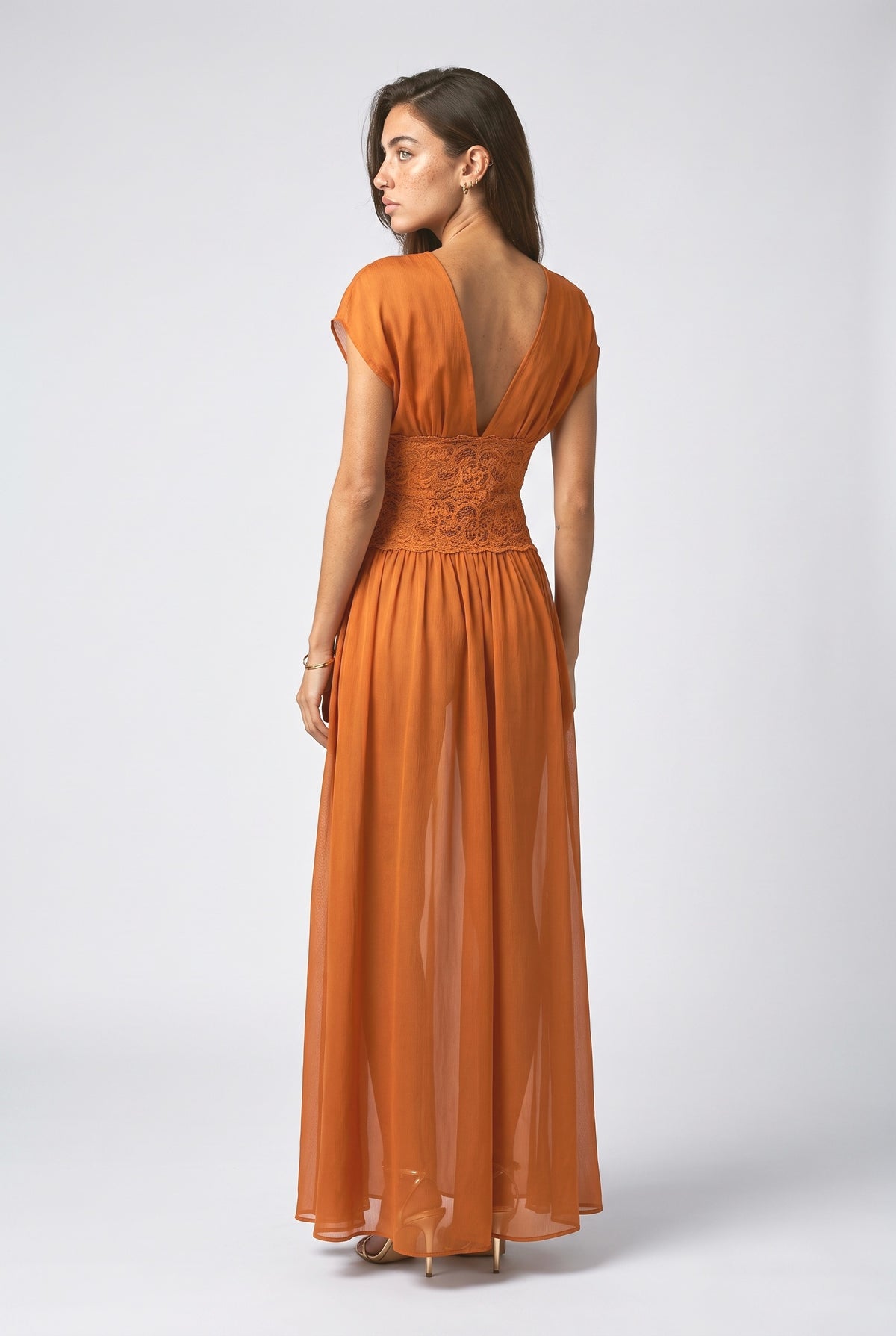 Green Lace V-Neck Slit Maxi Dress, back view