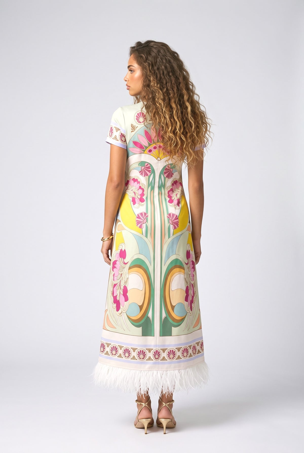 Floral Feather Trim Midi Dress, back view