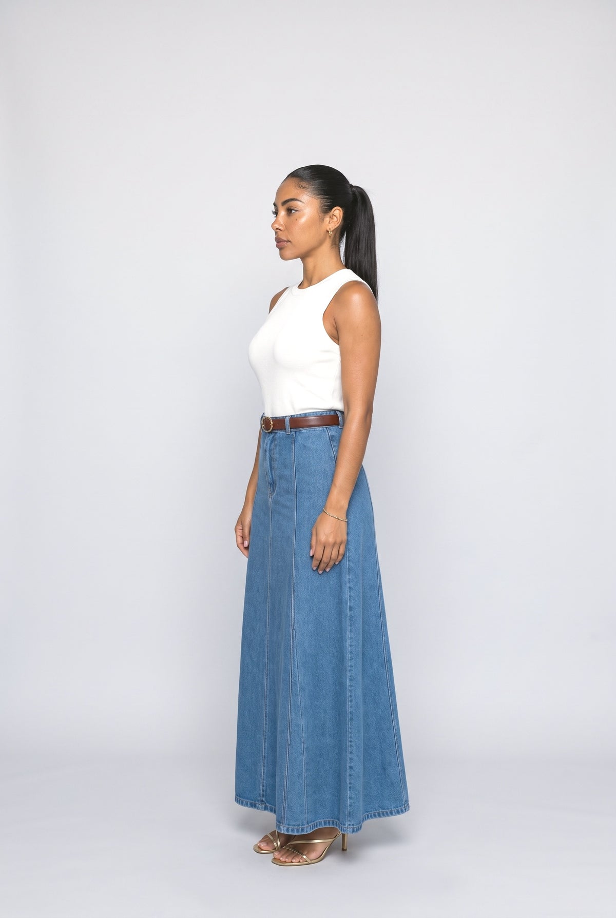 Denim A-Line Maxi Skirt, back view