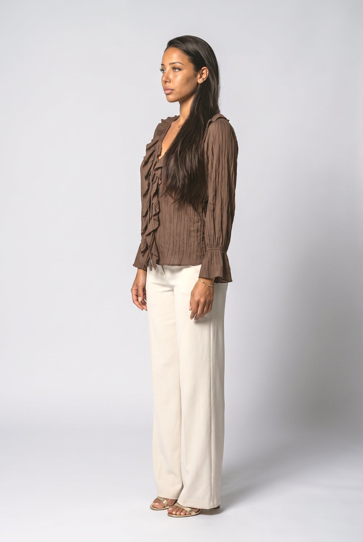 V-Neck Long Sleeve Ruffle Blouse, back view
