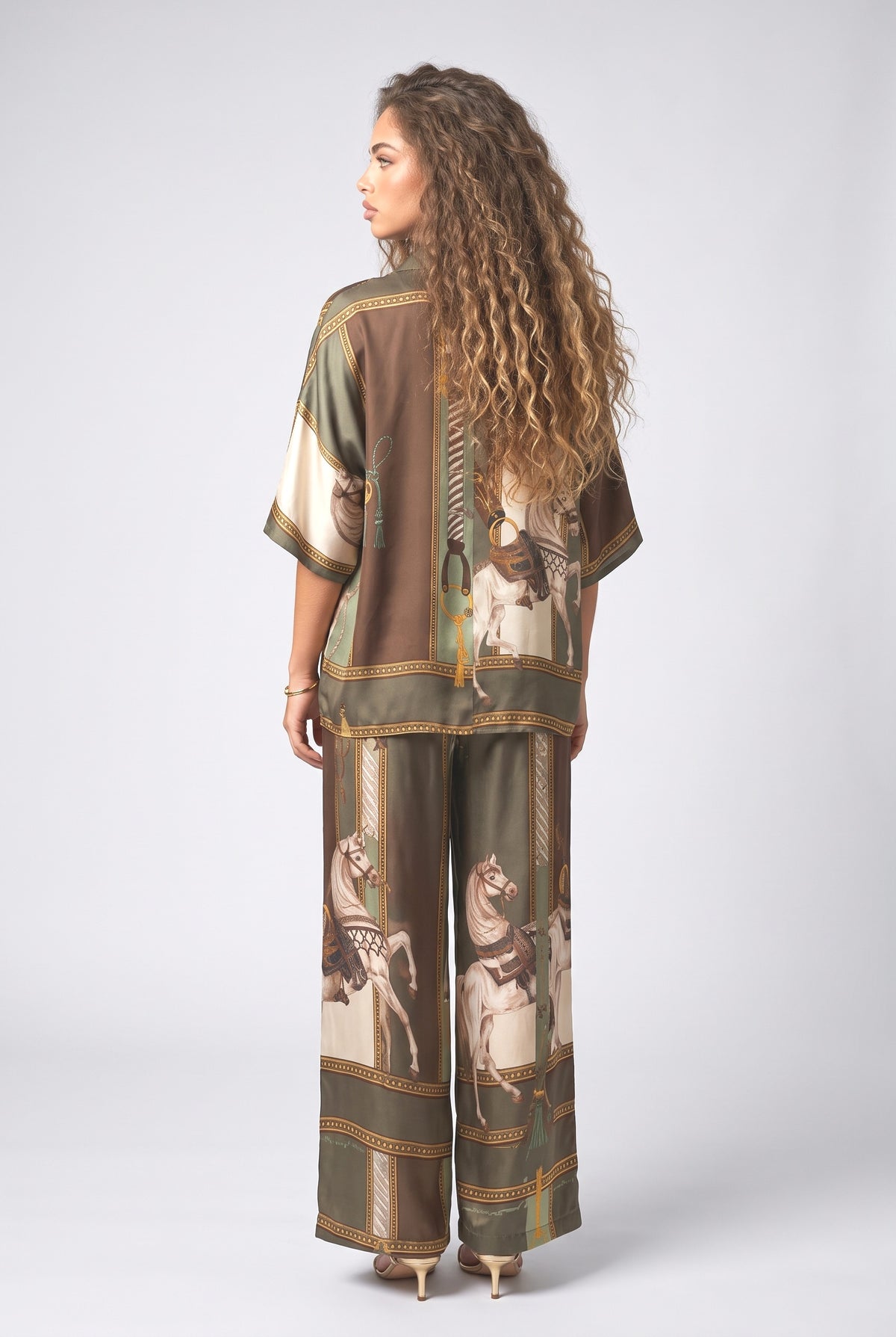 Equestrian Print Shirt & Wide-Leg Pants Two-Piece Set, back view