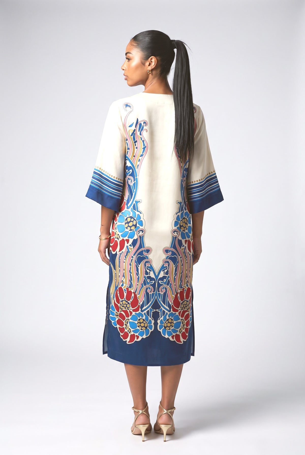 Multicolor Floral Satin Midi Dress, back view