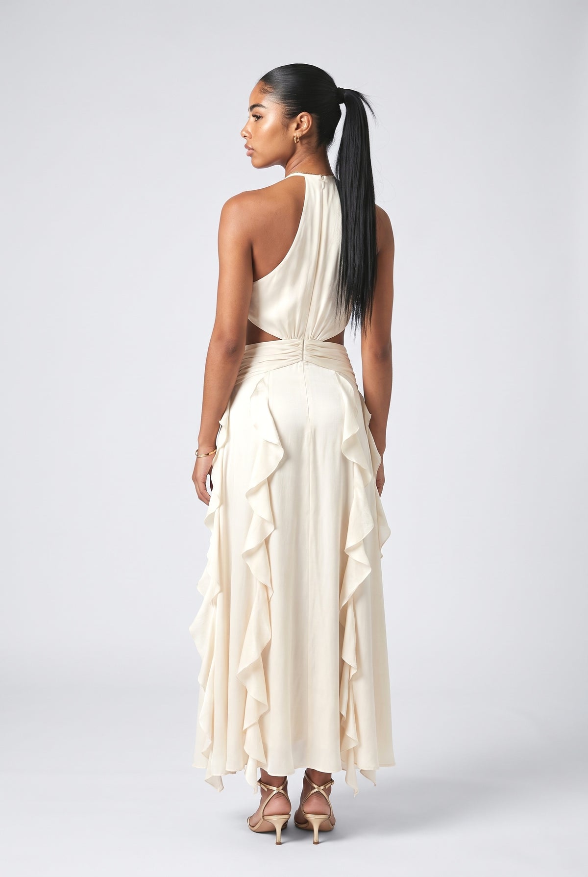 Halter Neck Ruffled Cutout Maxi Dress, back view