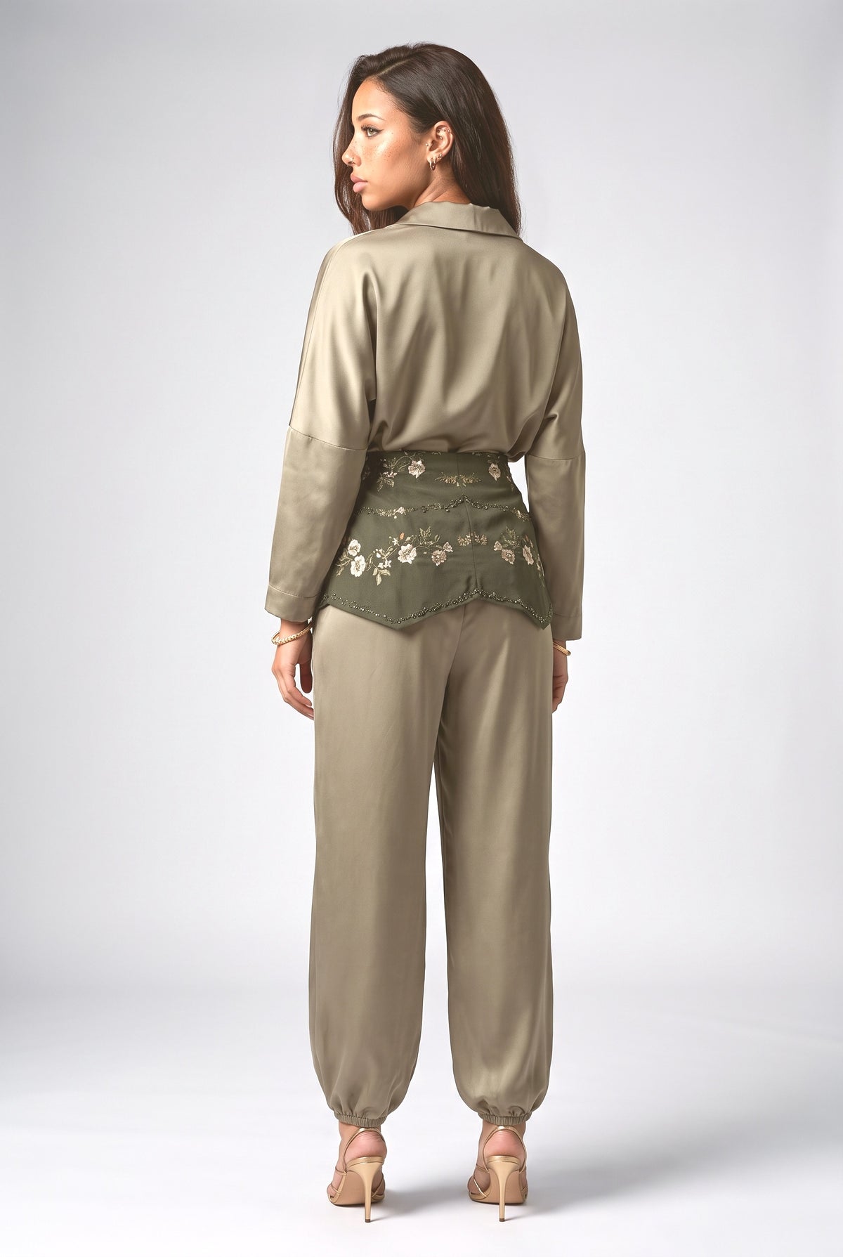Embroidered Waist Belt Satin Shirt & Harem Pants Set, back view
