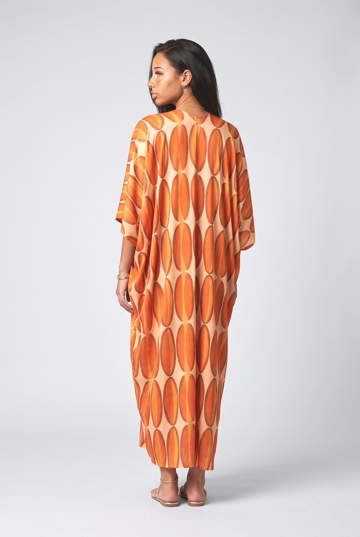 Orange Geometric Batwing Sleeve Relaxed Dress, back view