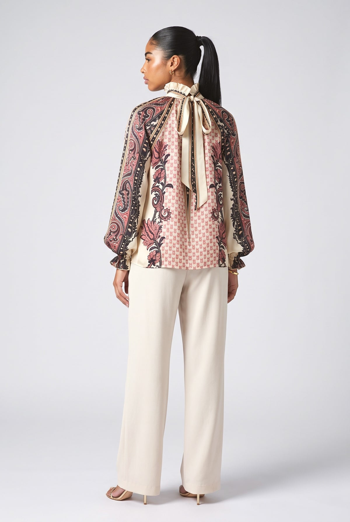 Beige Floral Satin Ruffle Top, back view