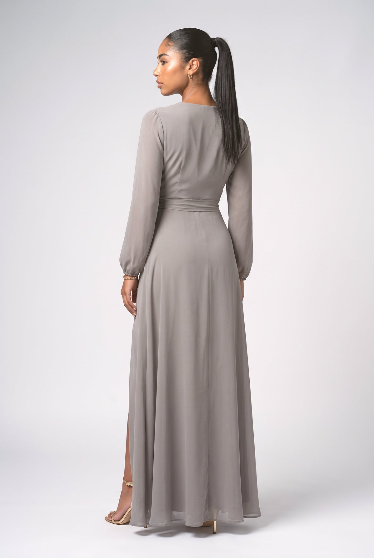 Pink Chiffon V-Neck Maxi Dress, back view