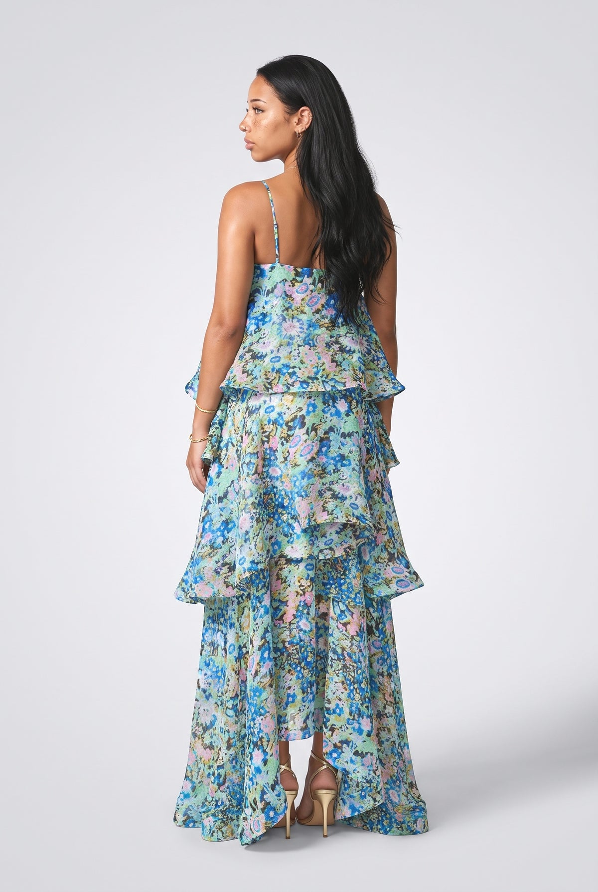 Green Floral Tiered Maxi Dress, back view