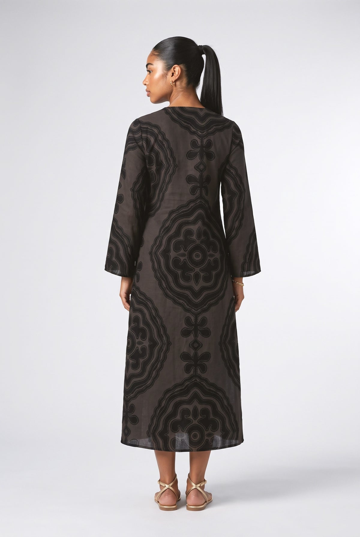 Black Floral Midi Dress, back view