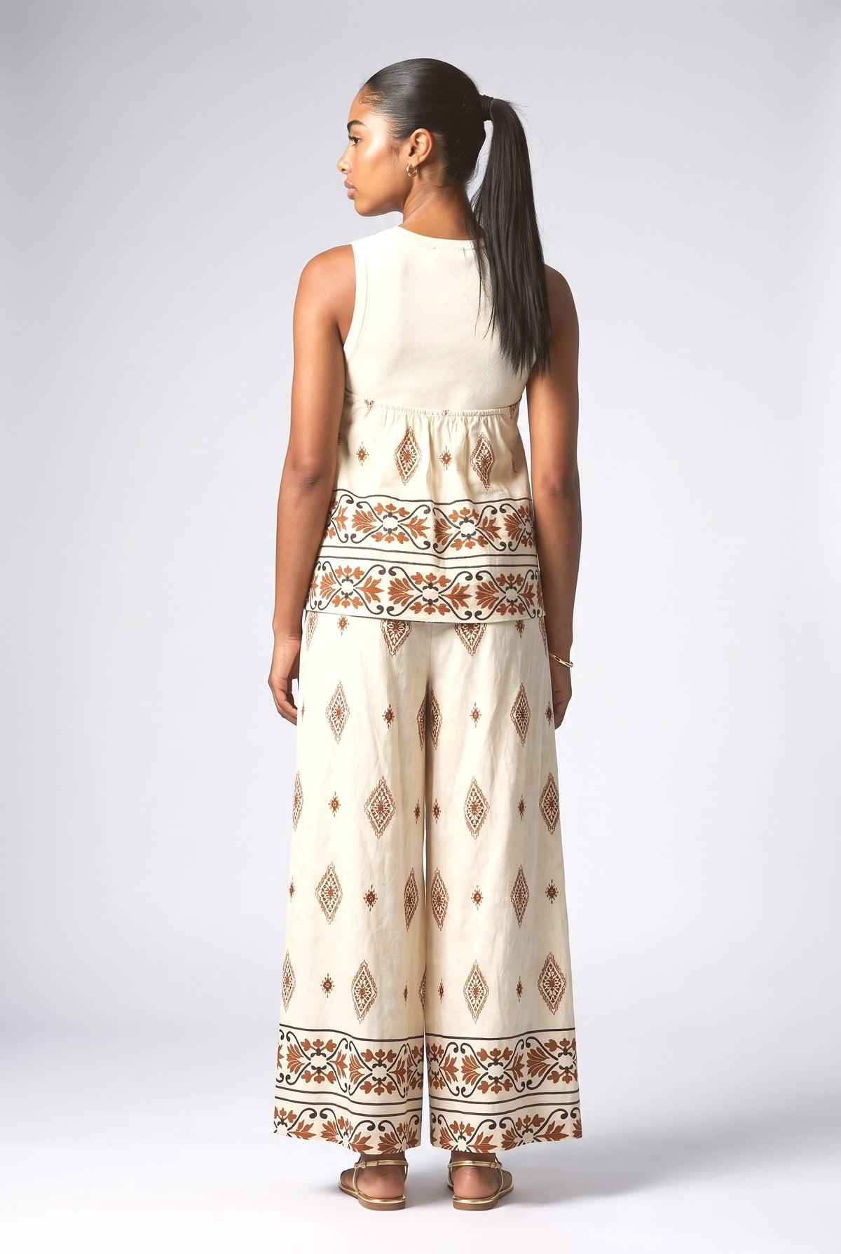 Ethnic Print Loose with Pockets Elastic Wide-Leg Pants, back view