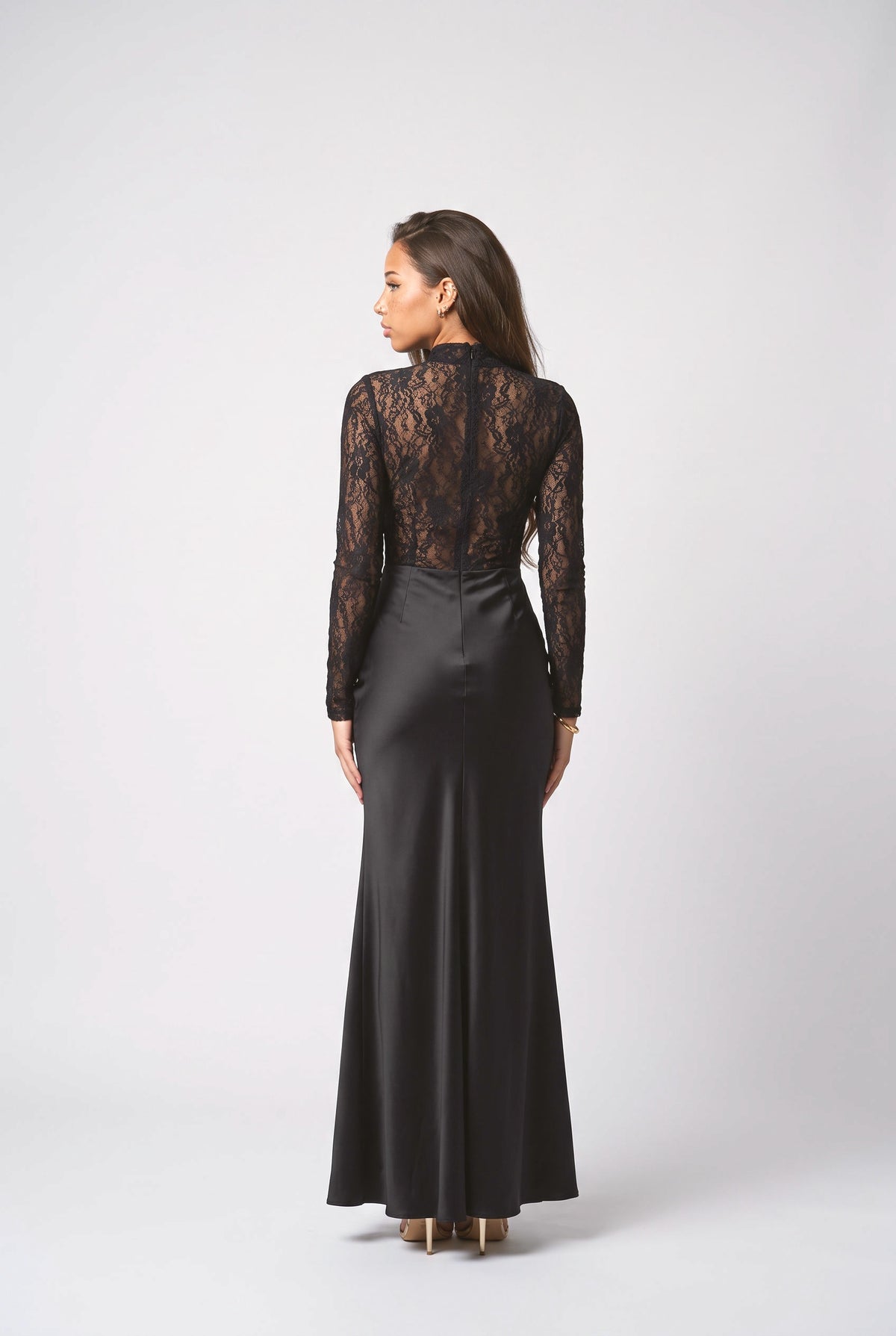 Lace Bodice Satin Mermaid Maxi Dress, back view
