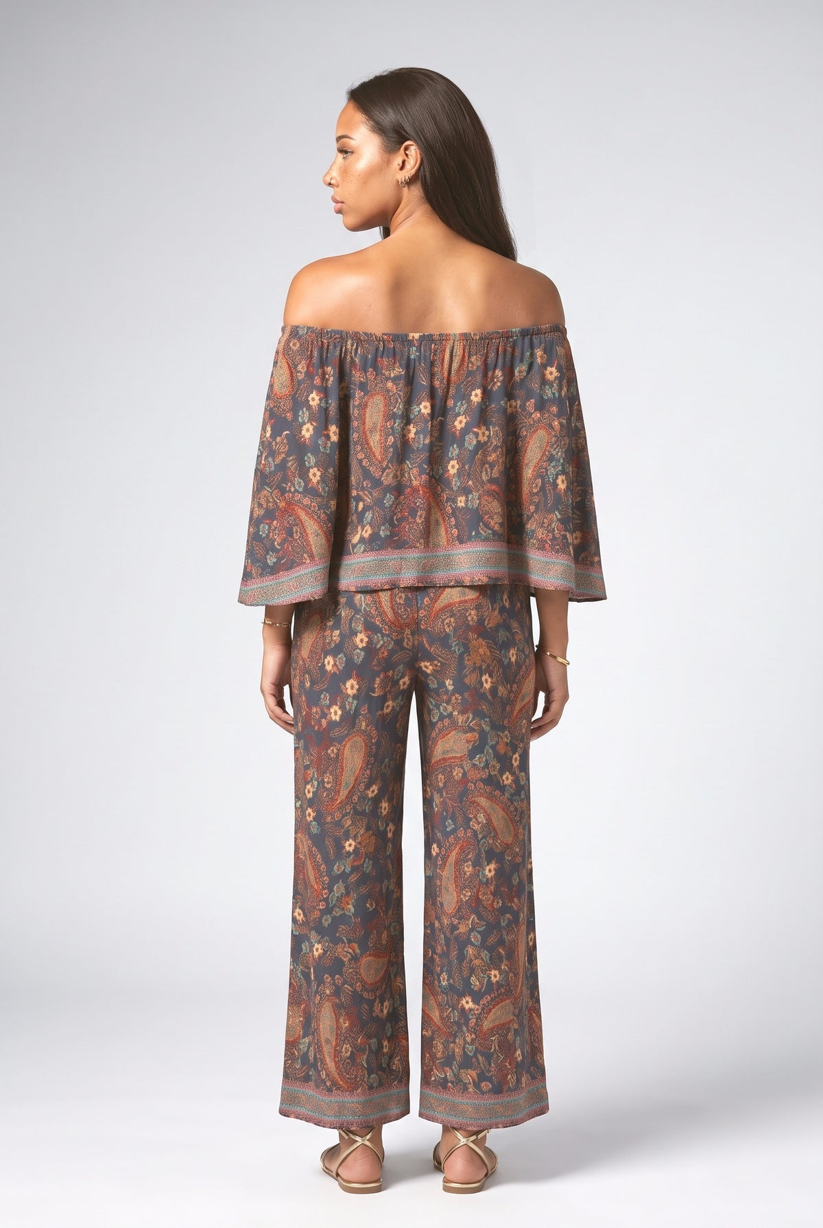 Multicolor Paisley Off-Shoulder Outfit Set, back view