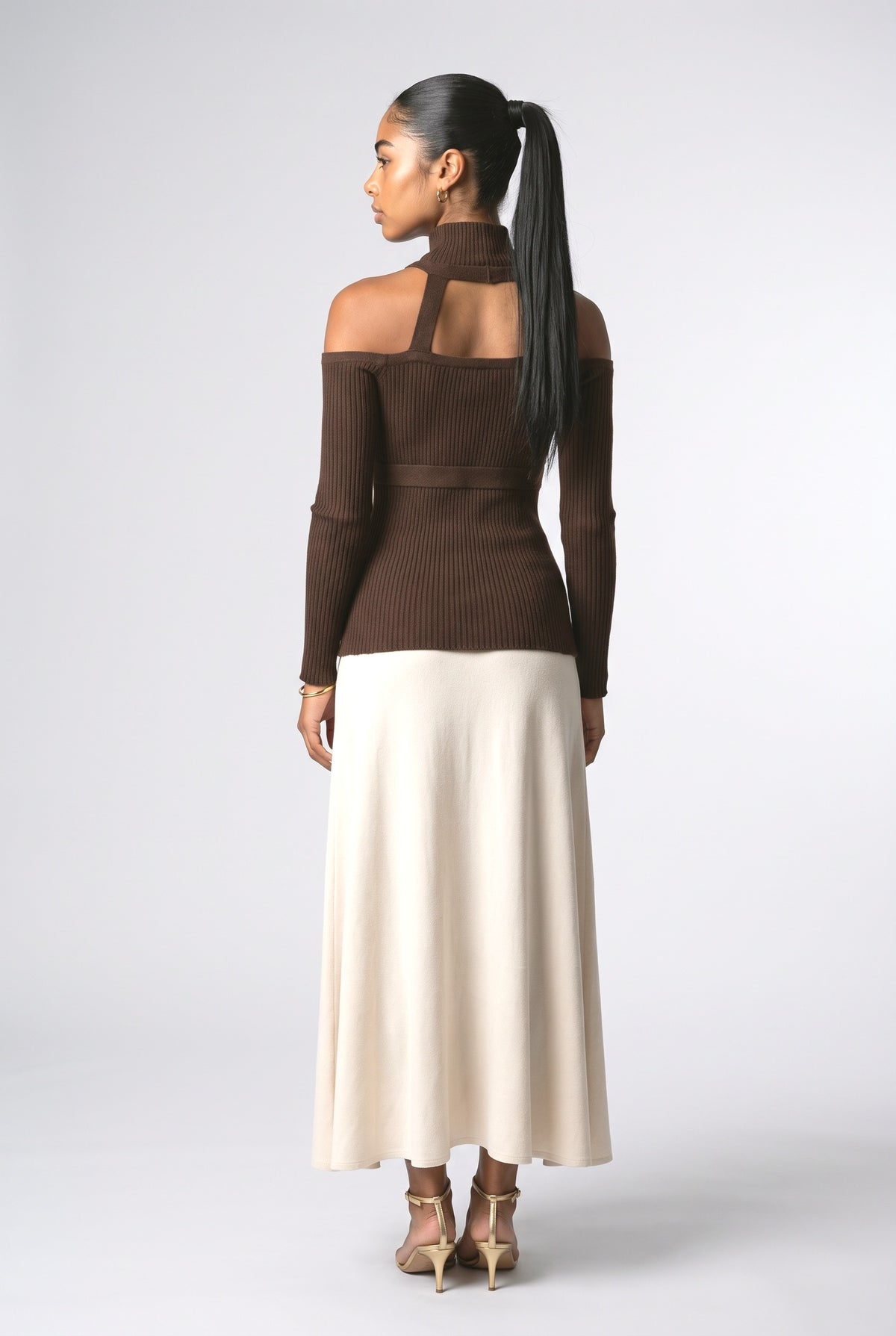 Brown High Neck Cutout Outfit Set, back view
