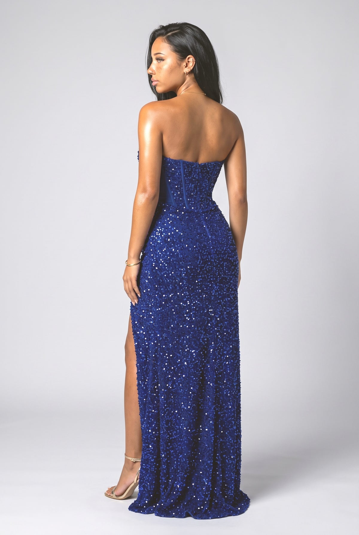 Sequin Strapless Slit Maxi Dress, back view