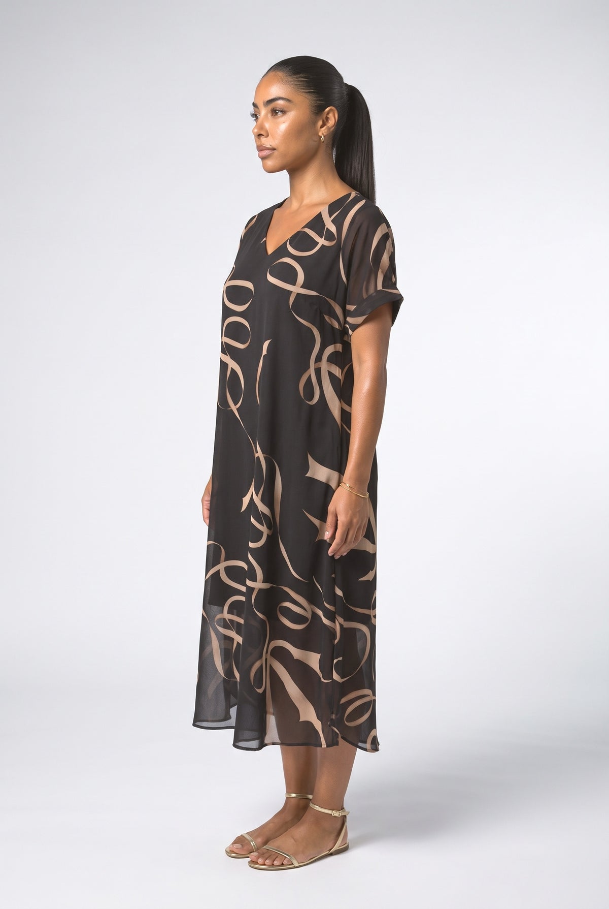 Black Chiffon Midi Dress, back view