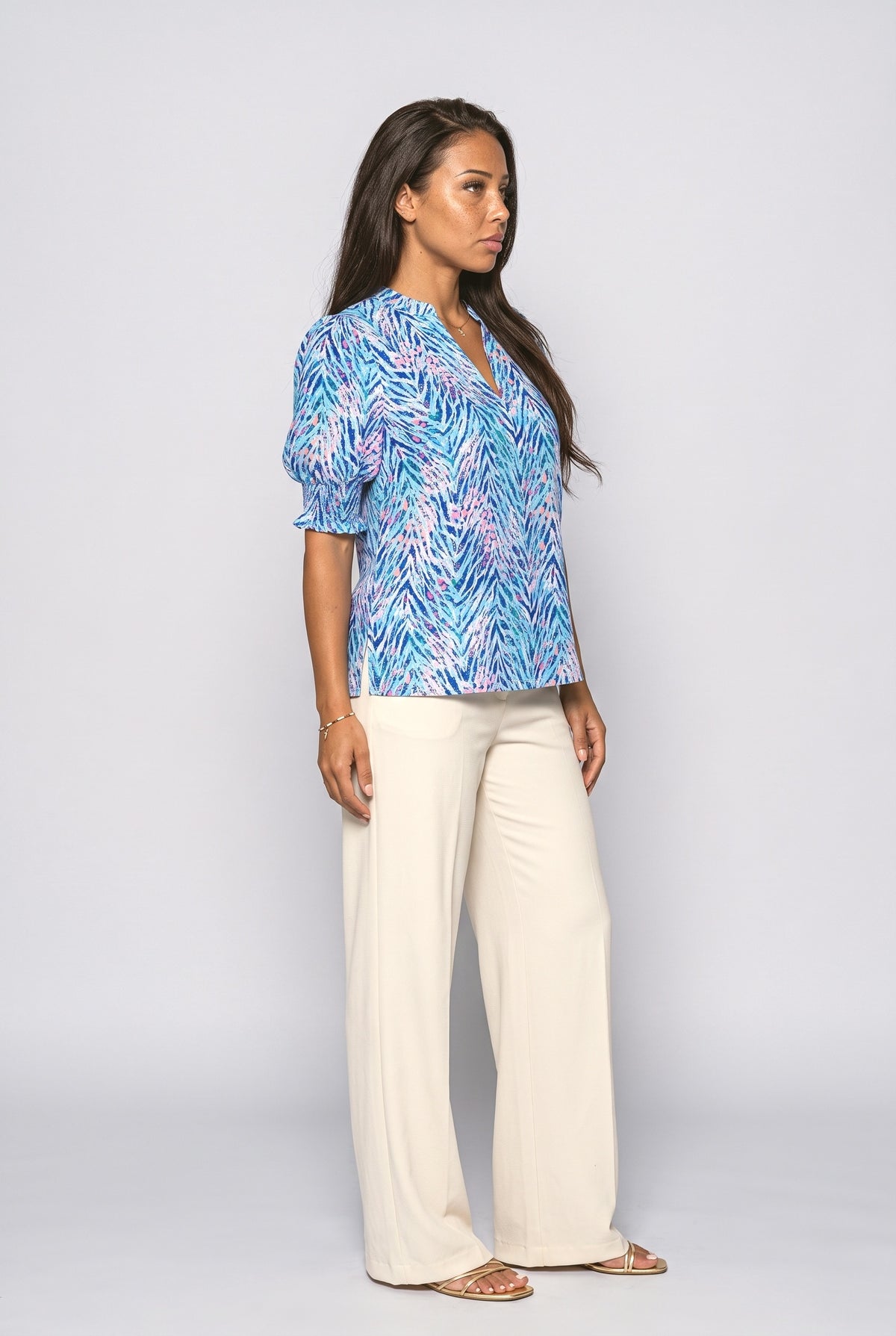 V-Neck Floral Puff Sleeve Blouse, back view