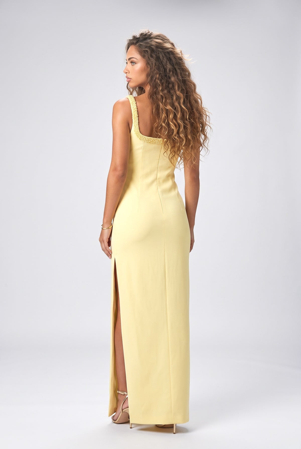 Yellow Square Neck Slit Maxi Dress, back view