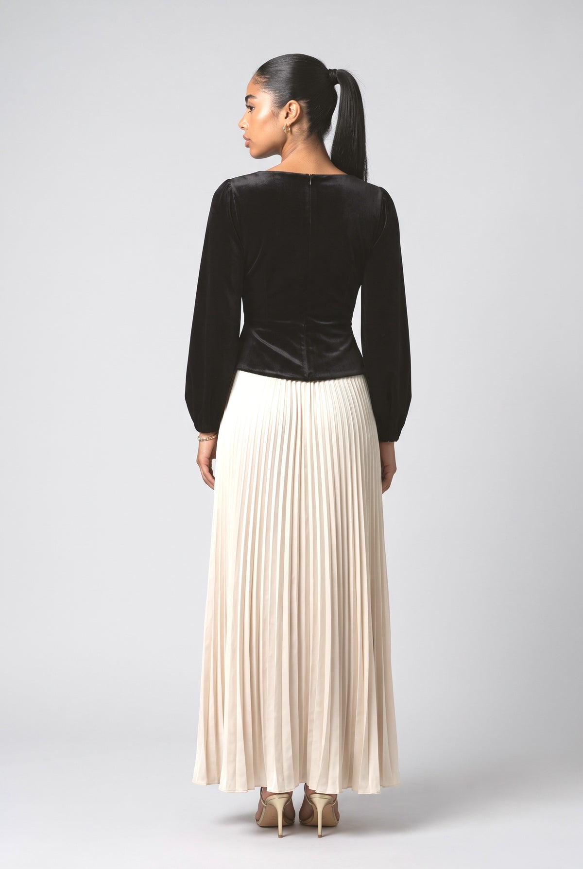 Black Velvet Pleated Maxi Dress, back view