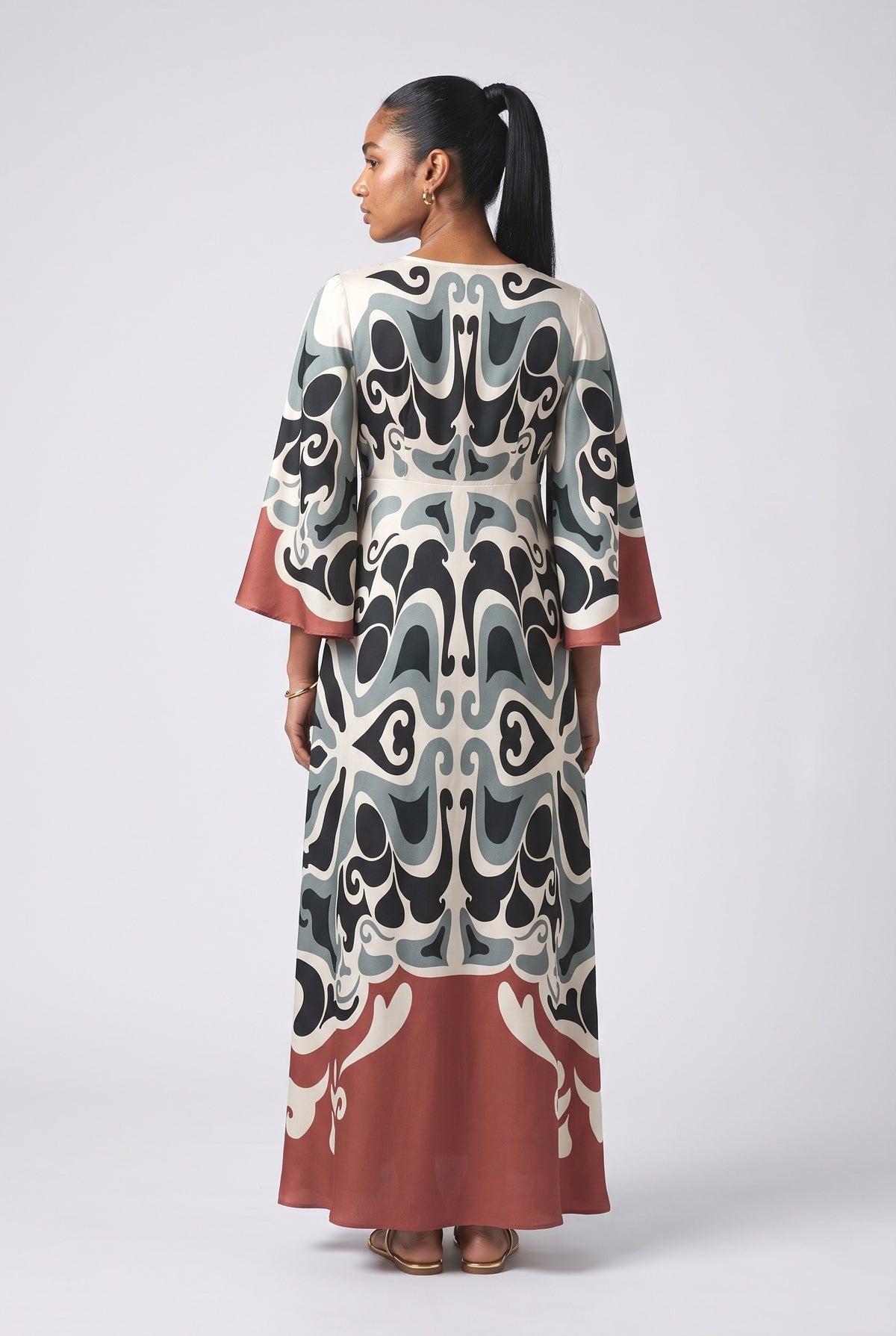 Black Floral Bell Sleeve Maxi Dress, back view