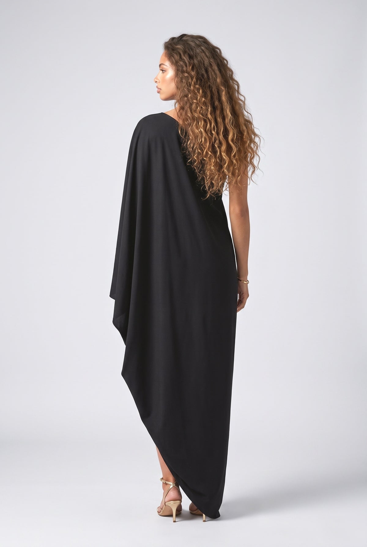 Blue Abstract One-Shoulder Draped Maxi Dress, back view