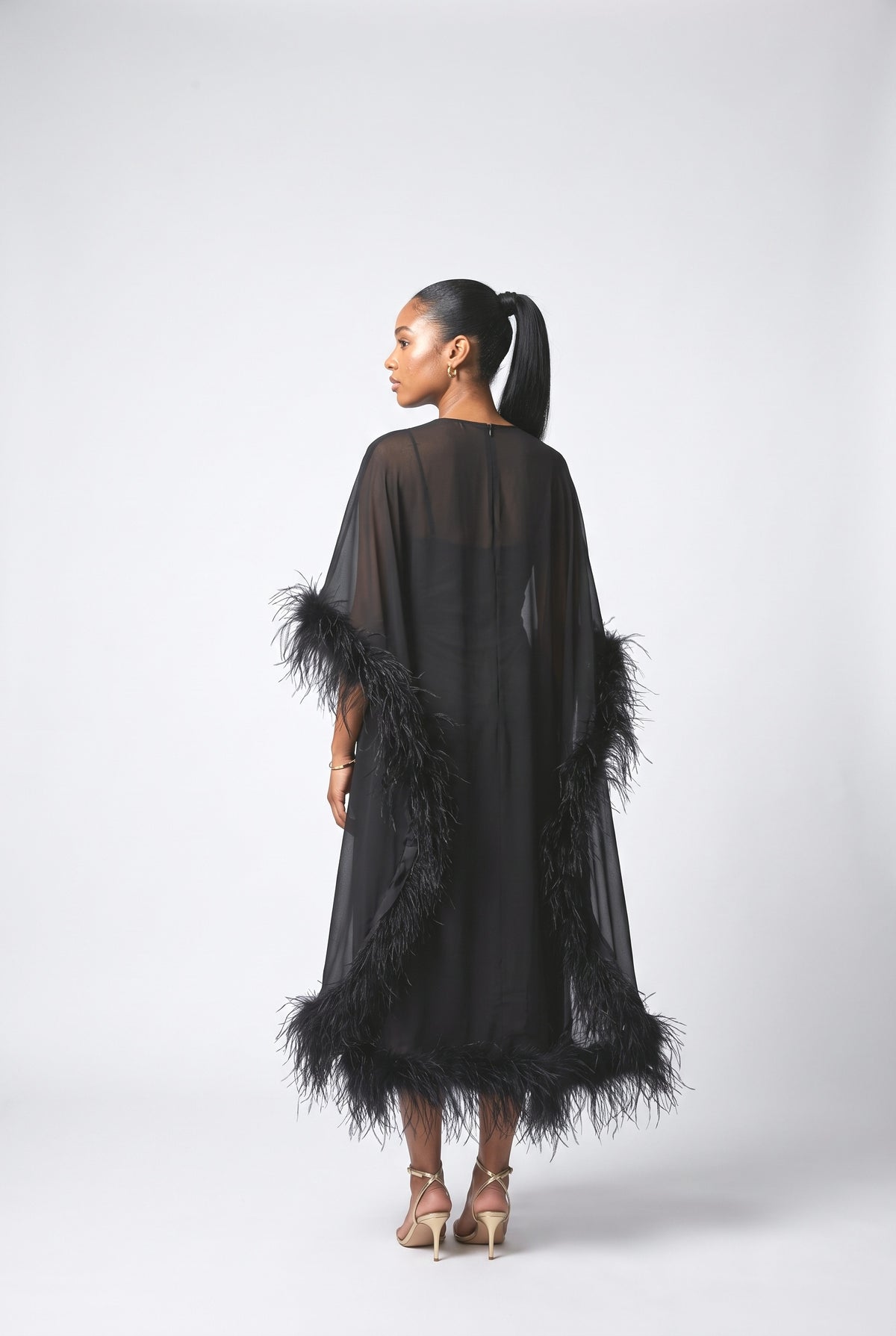 Satin Feather Trim Maxi Dress, back view