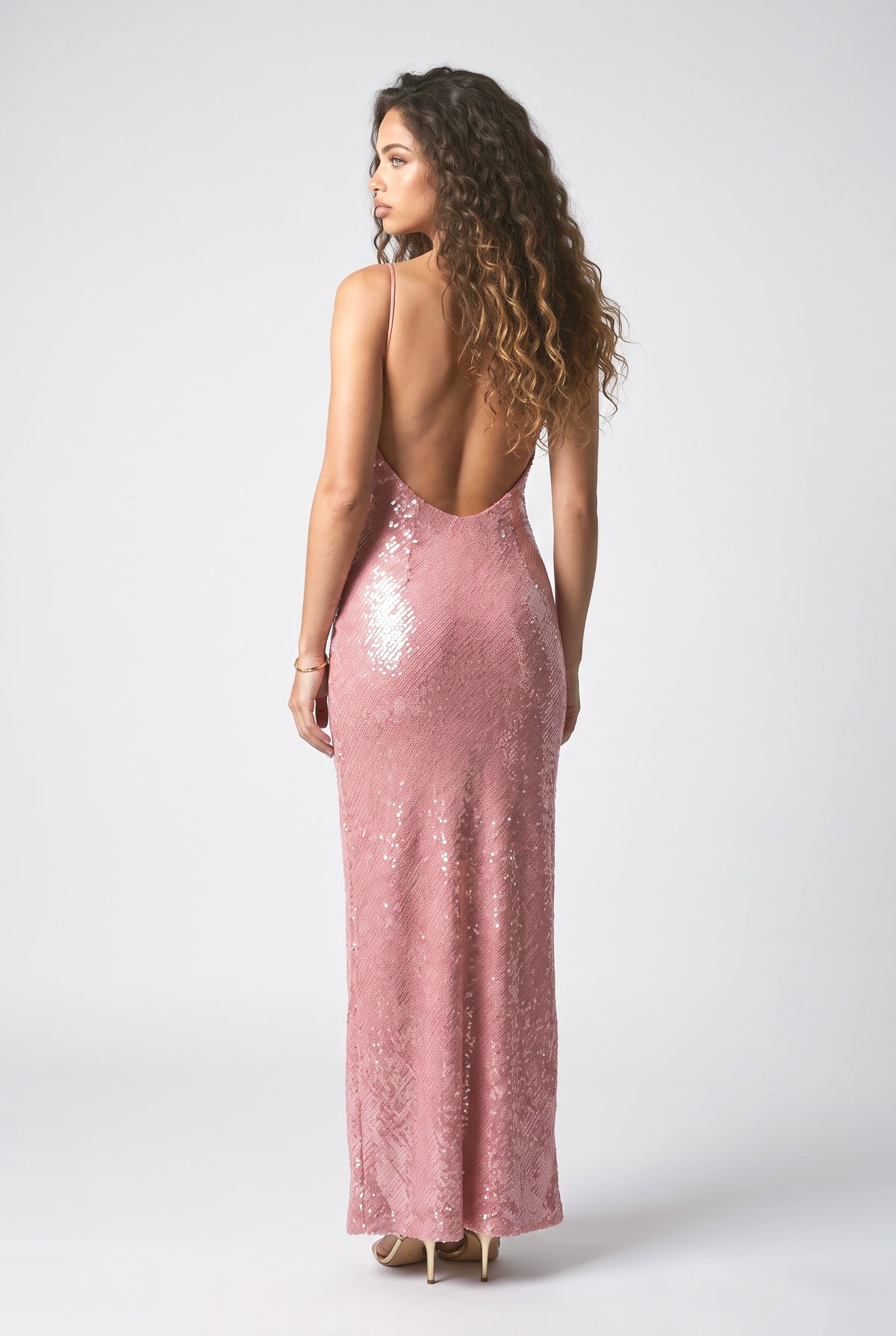 Pink Sequin Backless Bodycon Maxi Dress, back view