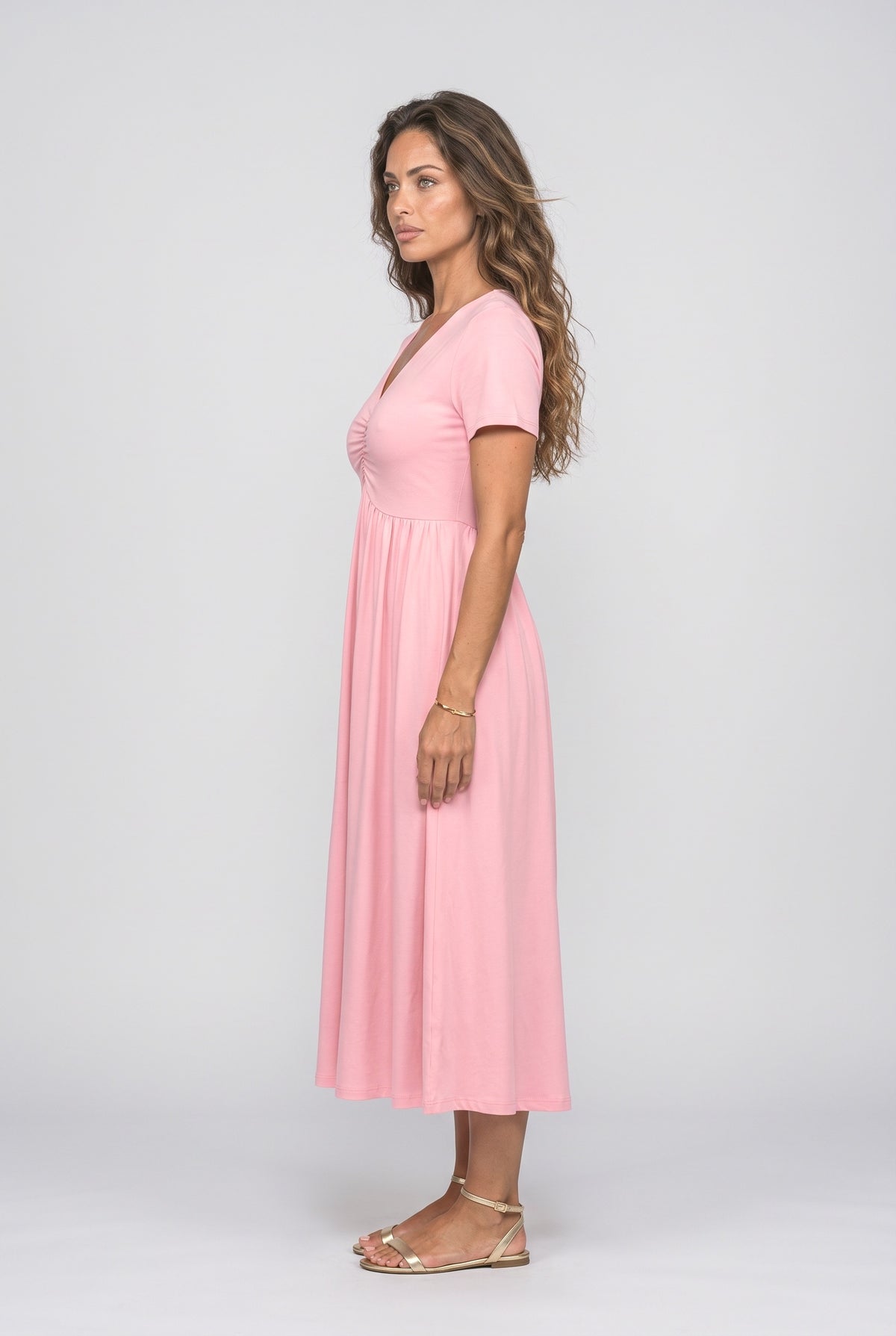 V-Neck Ruched Midi Dress, back view