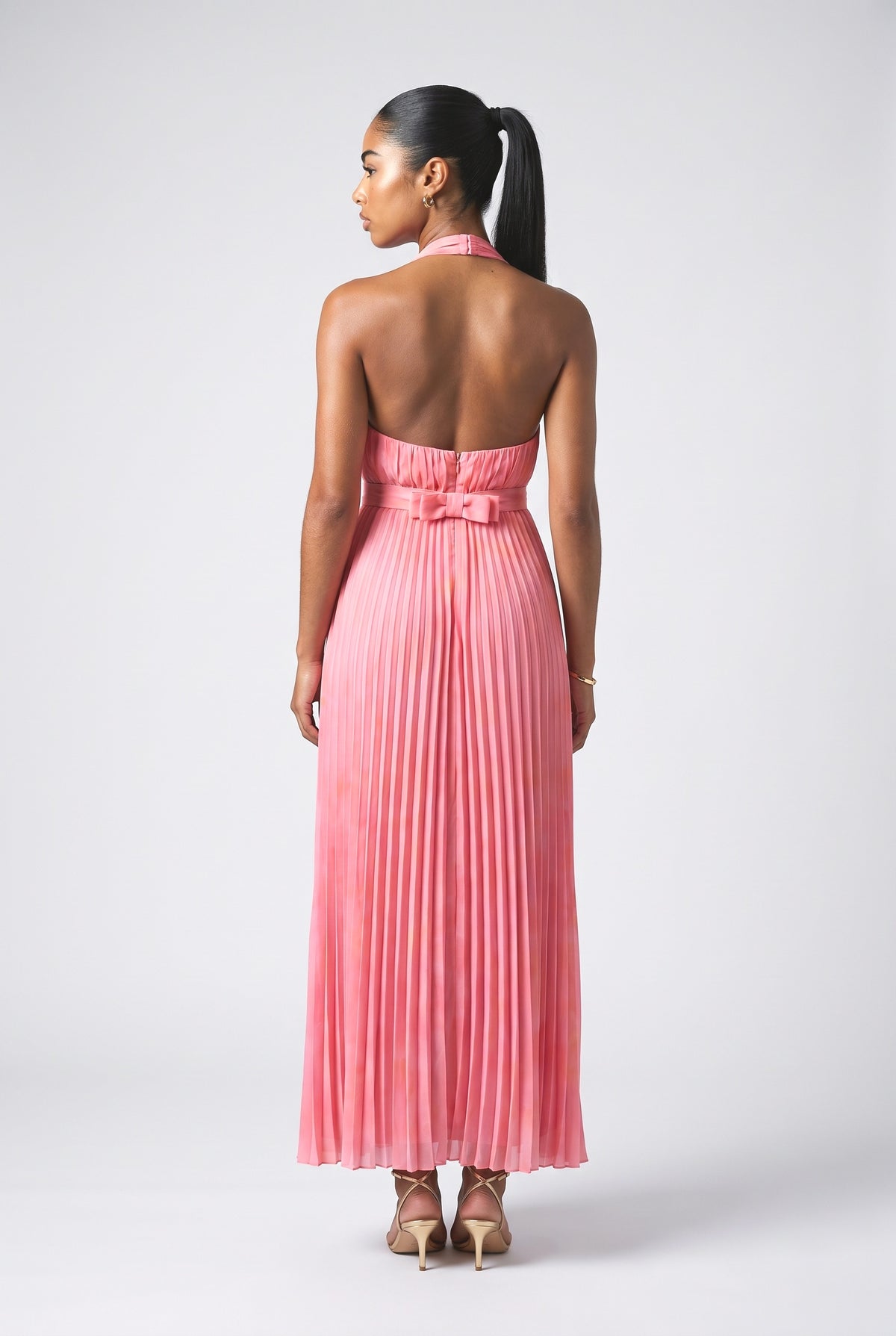 Pink Halter Neck Pleated Maxi Dress, back view