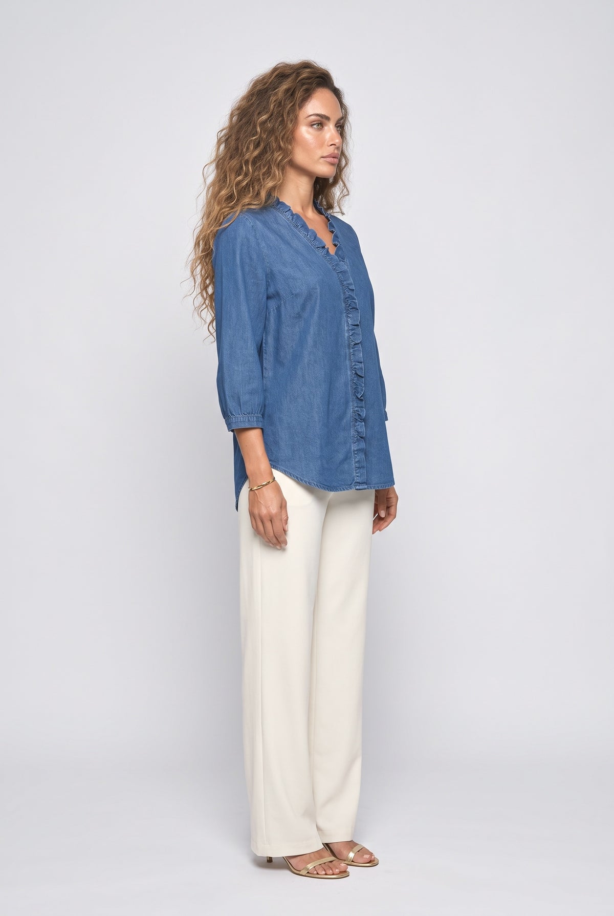 Denim V-Neck Ruffle Blouse, back view