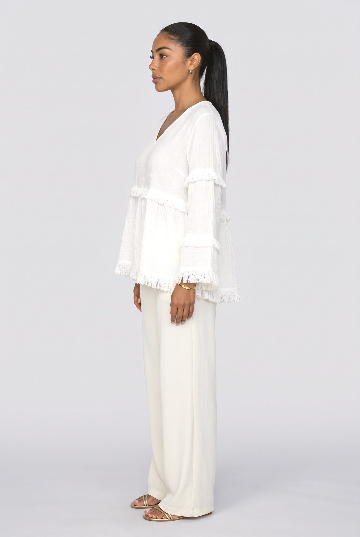 V-Neck Long Sleeve Fringe Blouse, back view