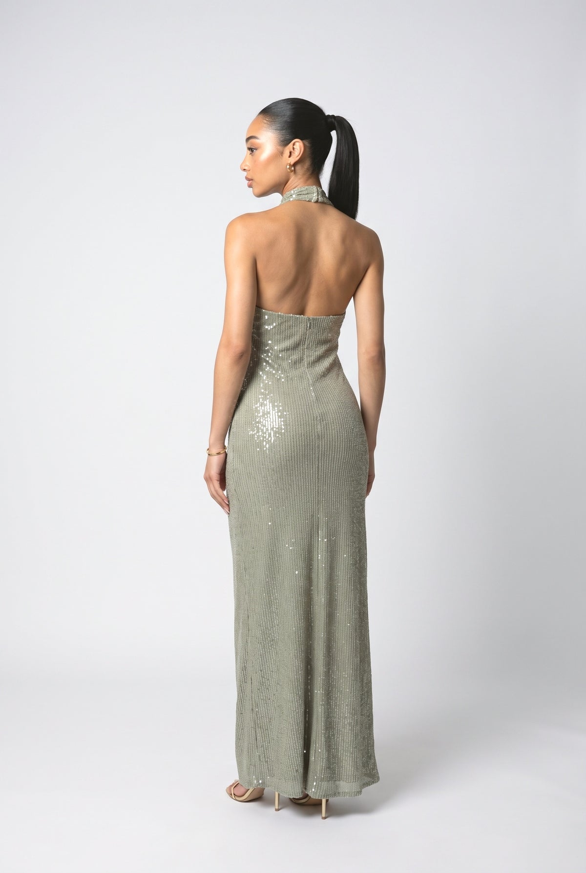 Sequined Halter Neck Maxi Dress, back view