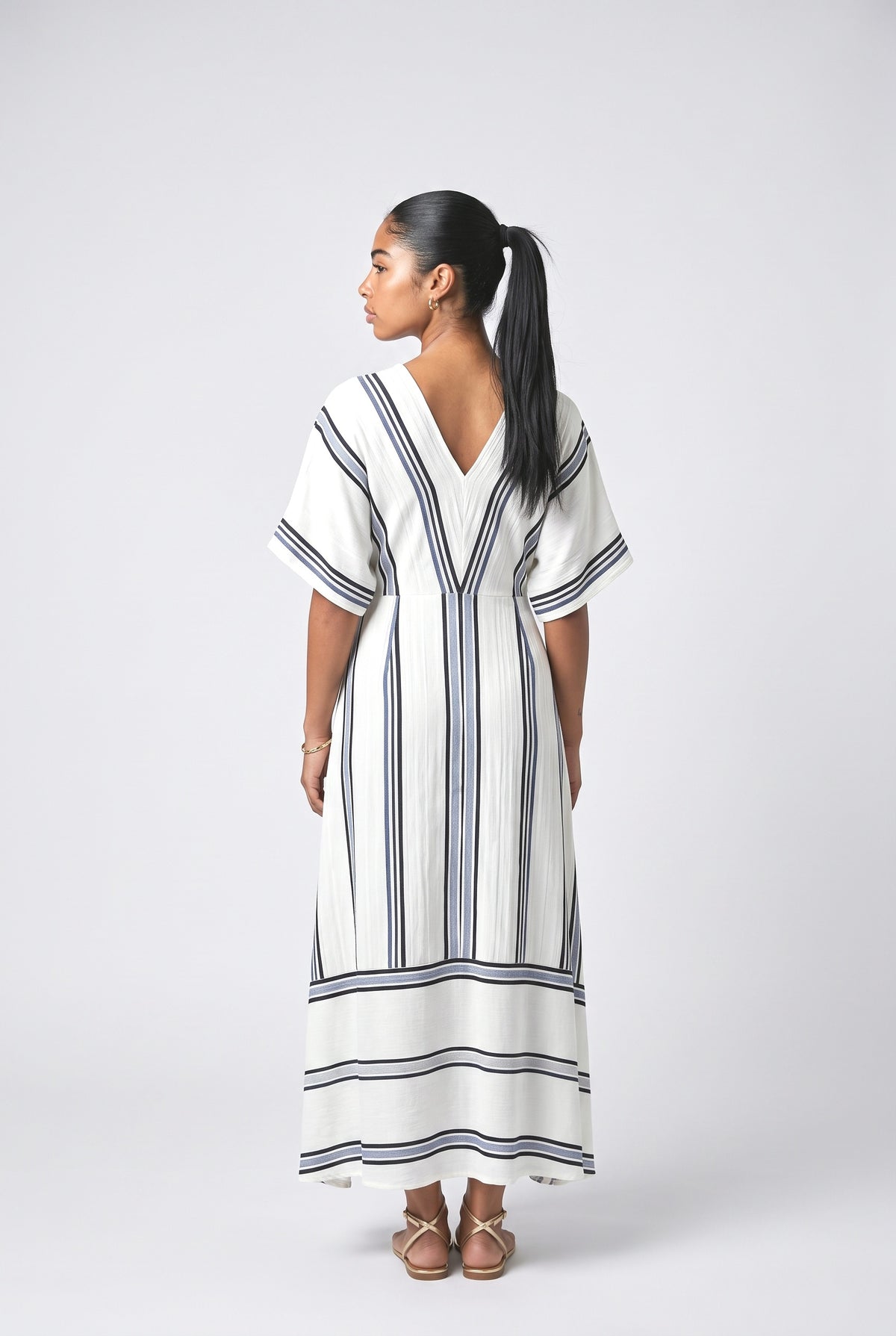 White Striped V-Neck Maxi Dress, back view