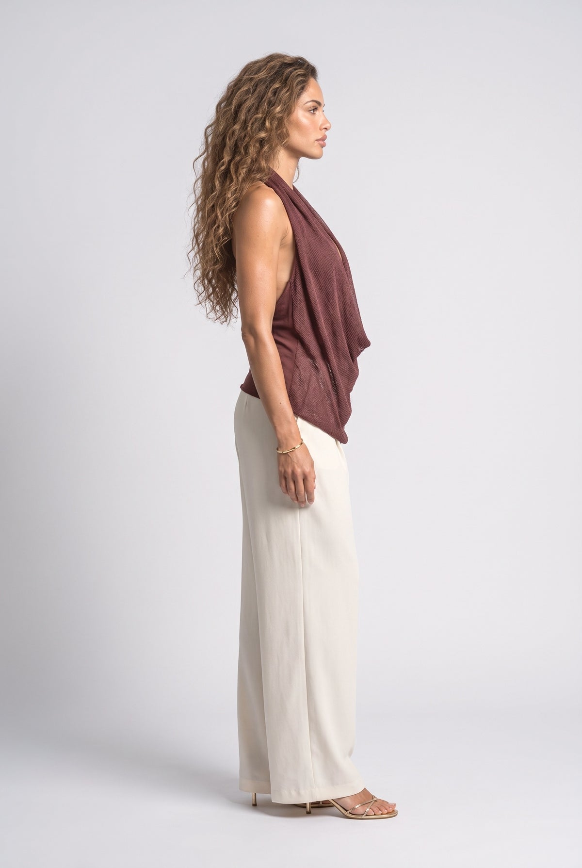 Knit Halter Neck Draped Tank Top, back view