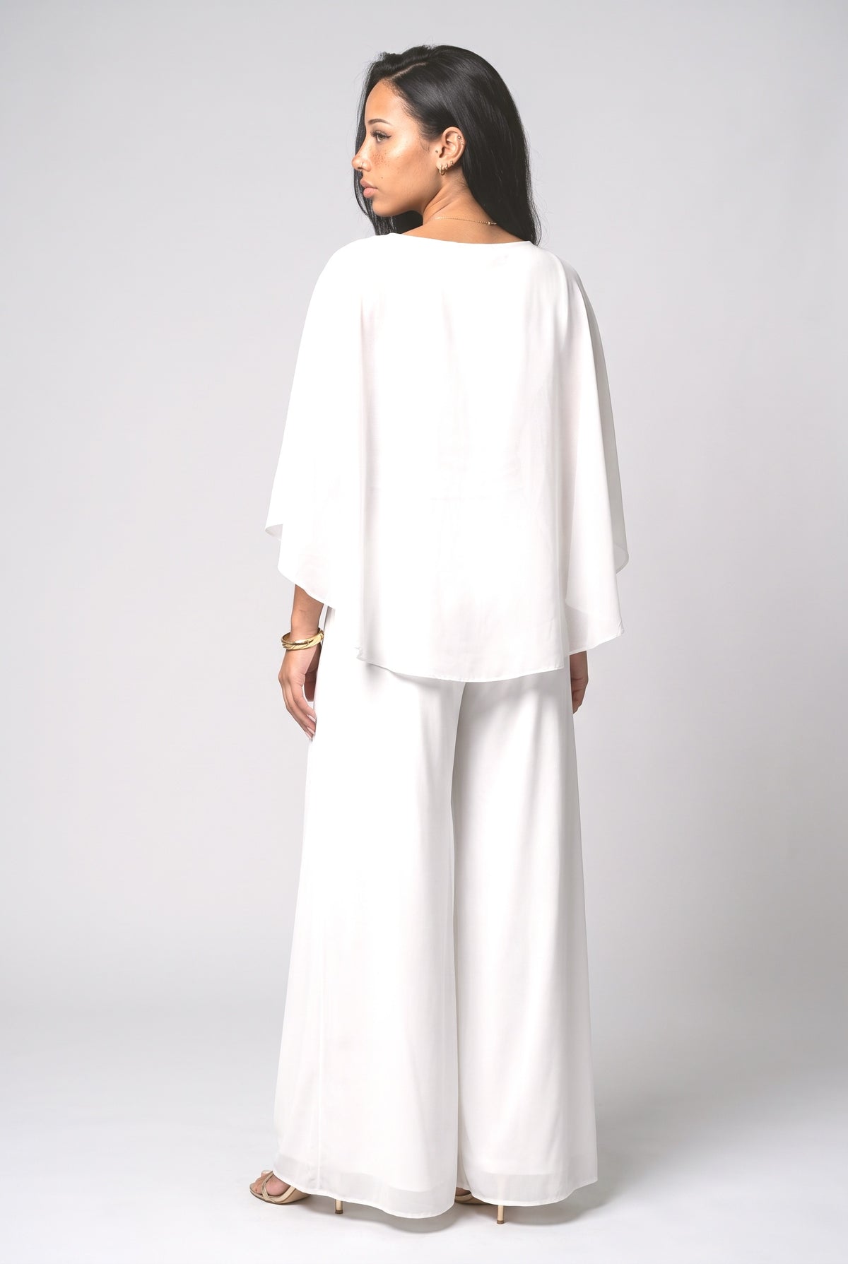 Chiffon Cape Top & Wide-Leg Pants Two-Piece Set, back view