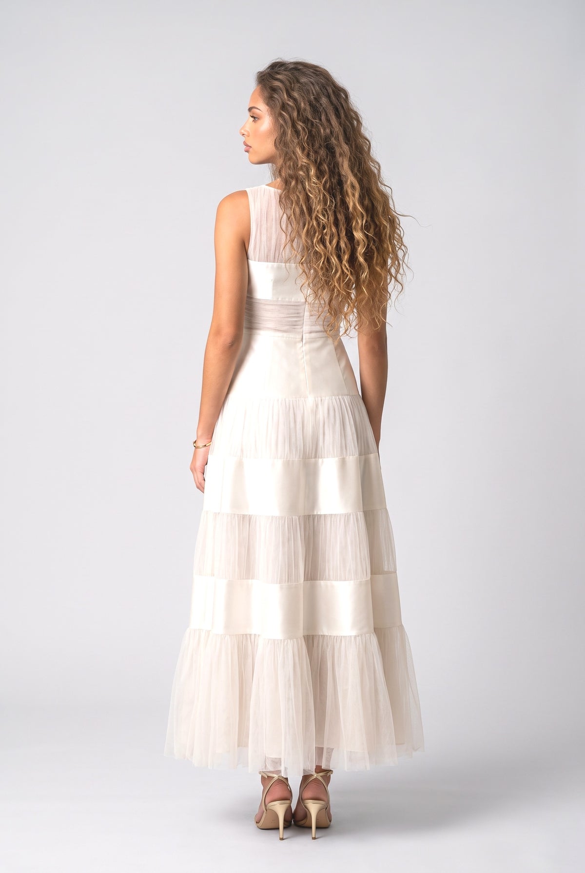 Beige Satin Sleeveless Pleated Maxi Dress, back view