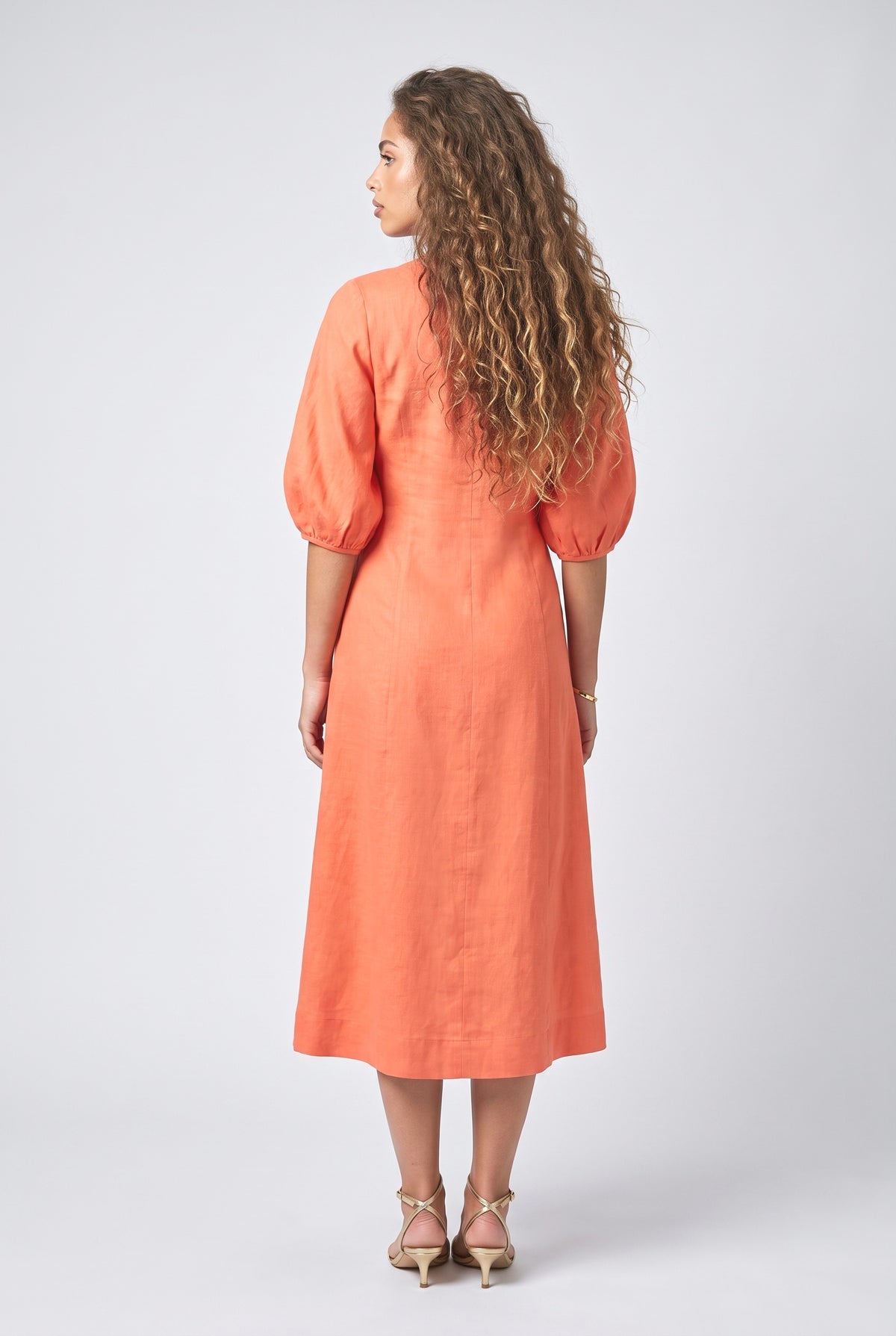 Orange Puff Sleeve A-Line Midi Dress, back view