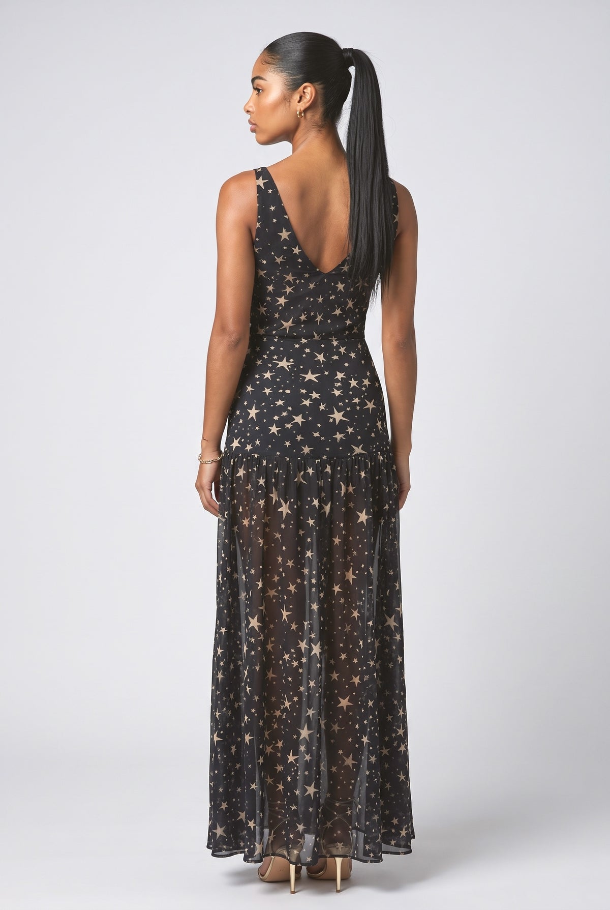 Black Print V-Neck Slit Maxi Dress, back view