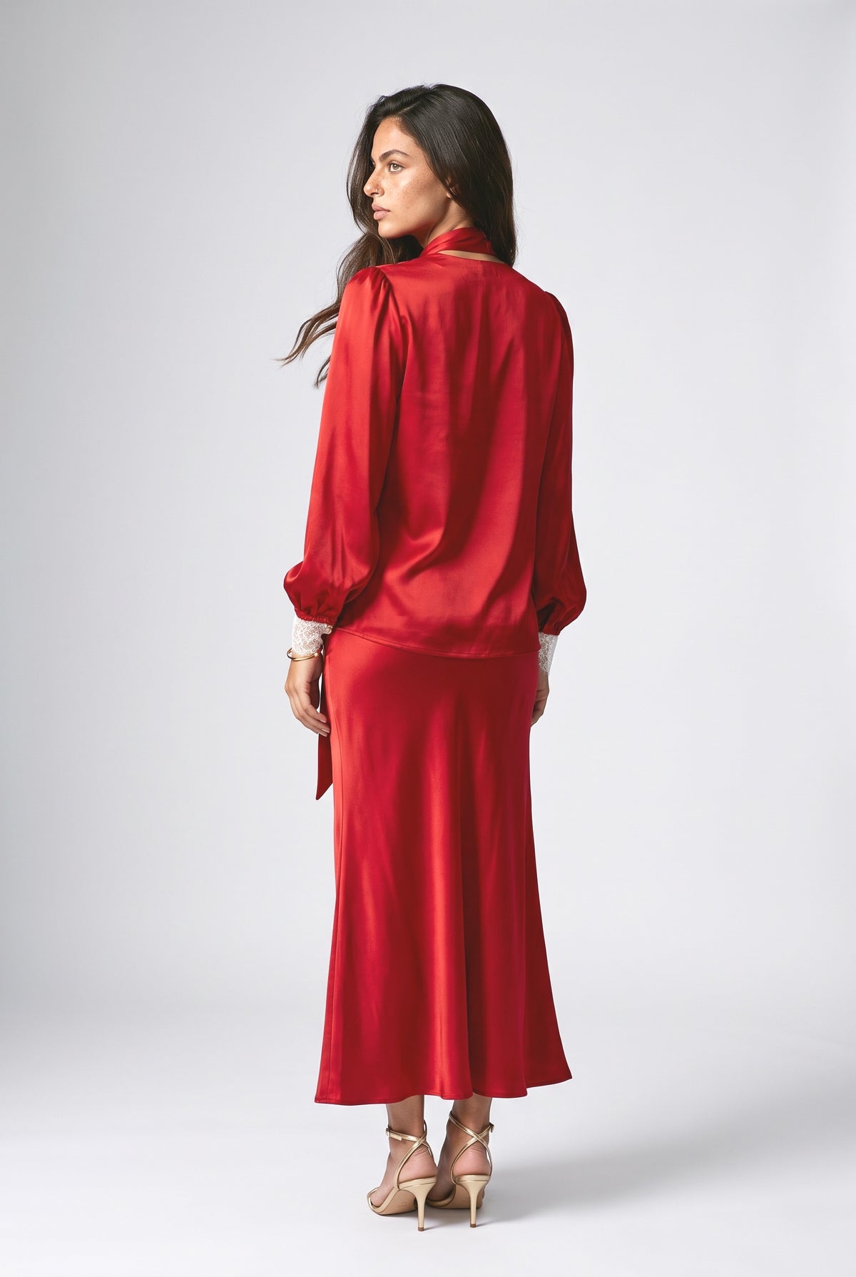 Satin Puff Sleeve Outfit Set, back view
