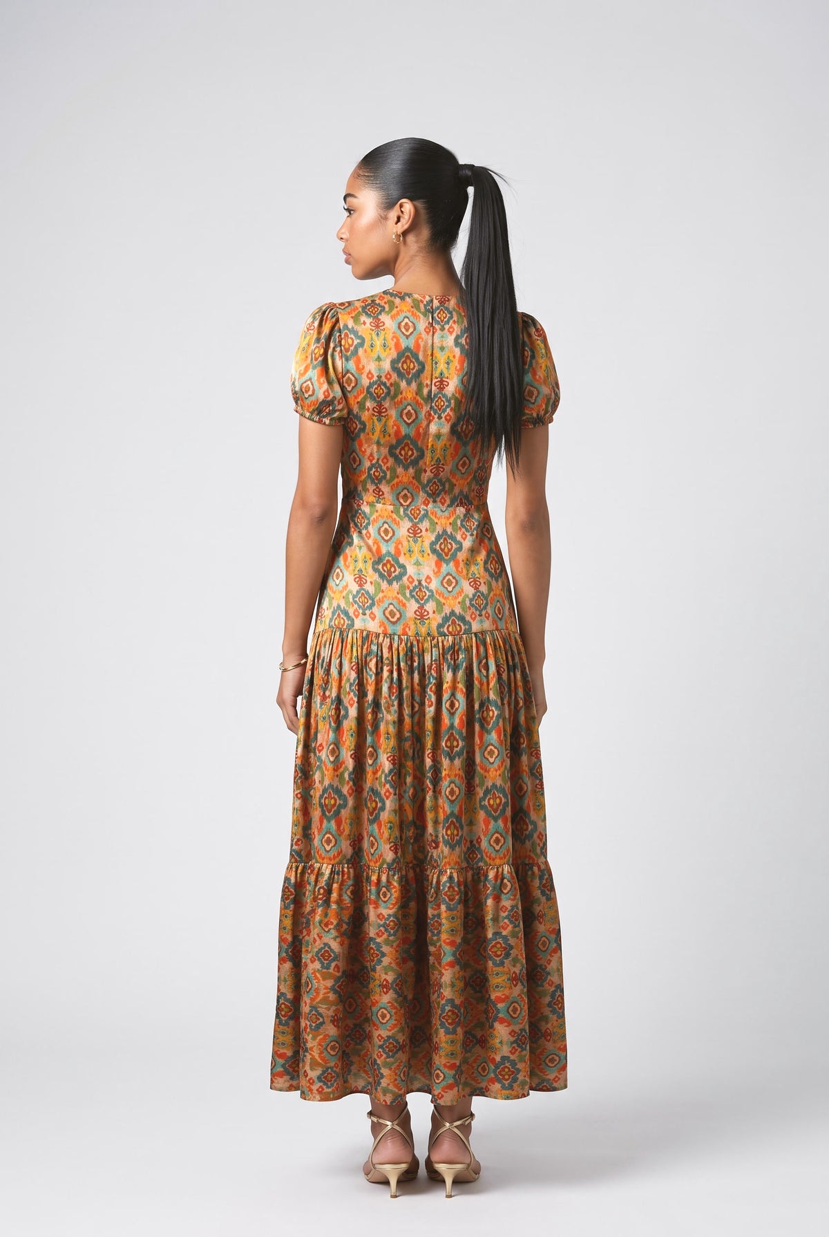 Delicate Satin Vintage Multicolor Print Maxi Dress, back view