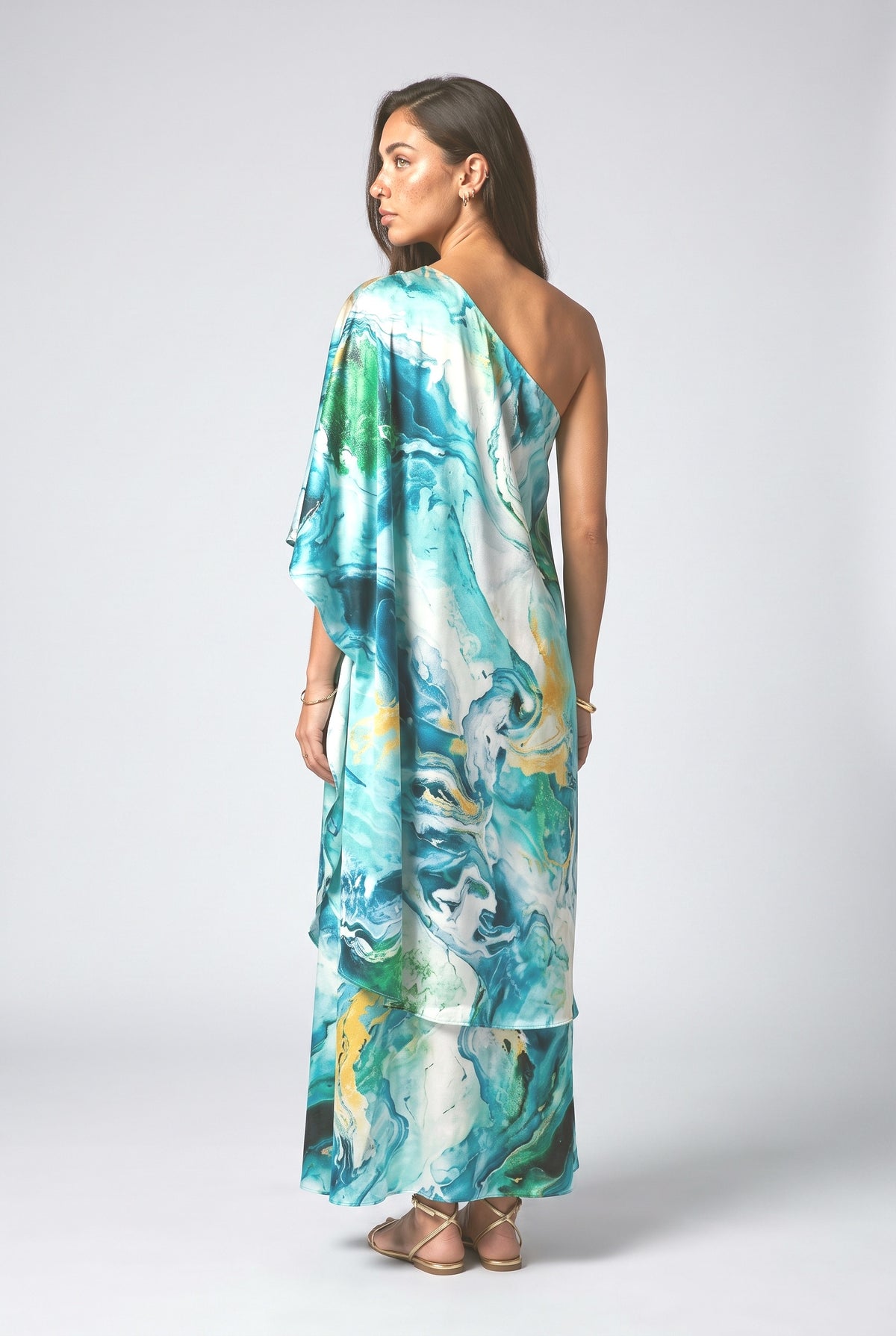 Satin Marble Print One-Shoulder Maxi Dress, back view
