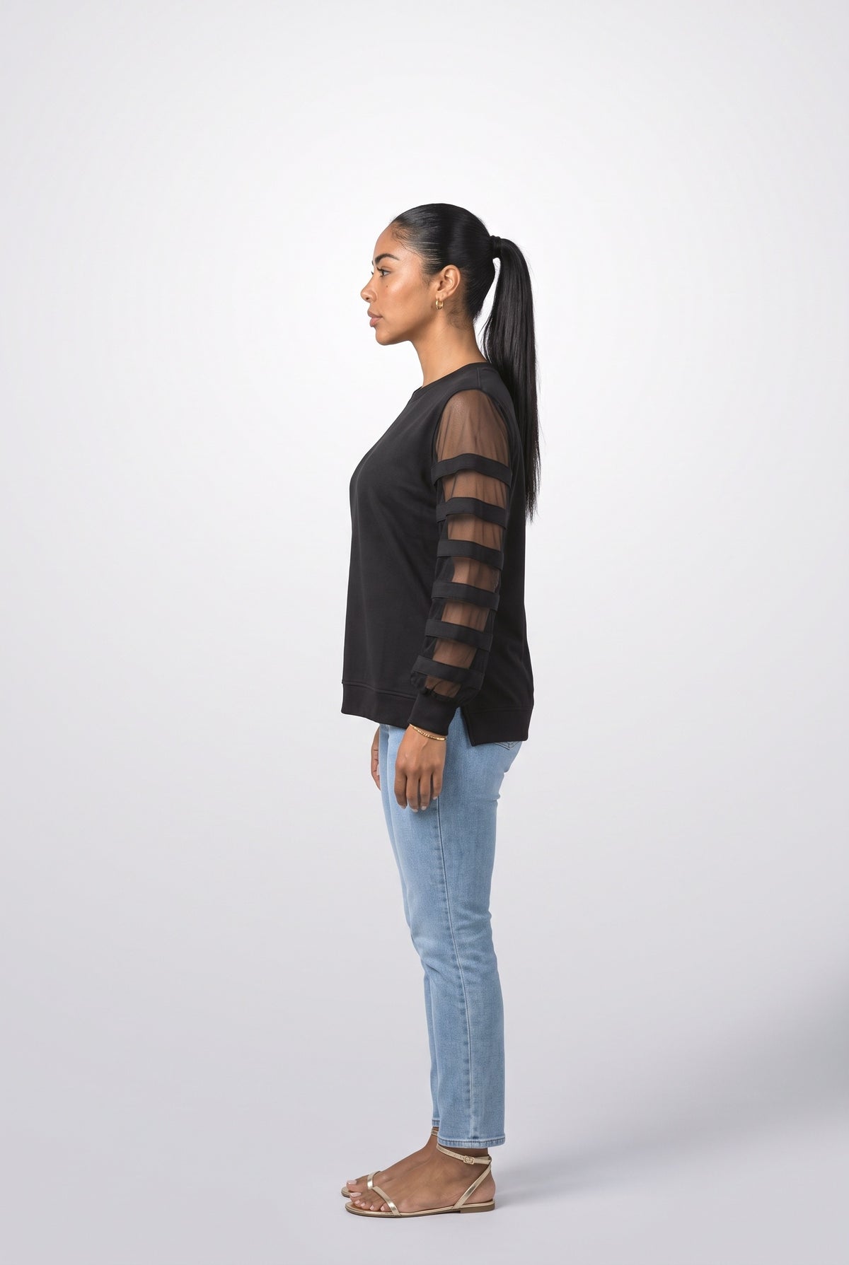 Black Mesh Puff Sleeve Sweatshirt, back view