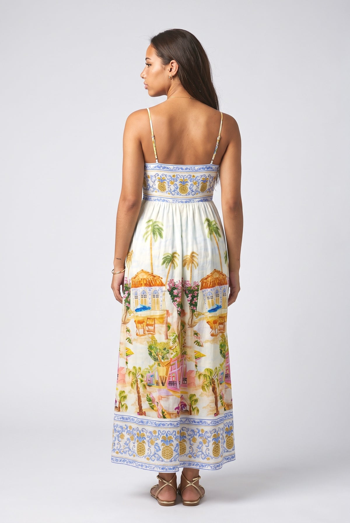 Holiday Painted Print Sling Maxi Dress, back view