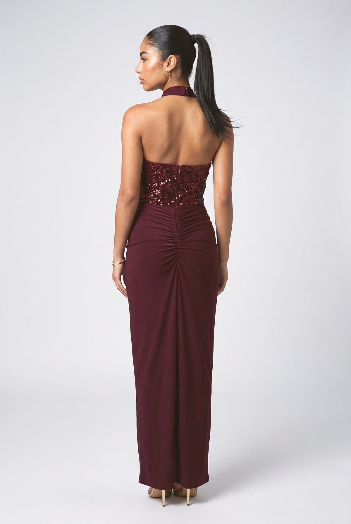 Red Sequin Halter Neck Maxi Dress, back view