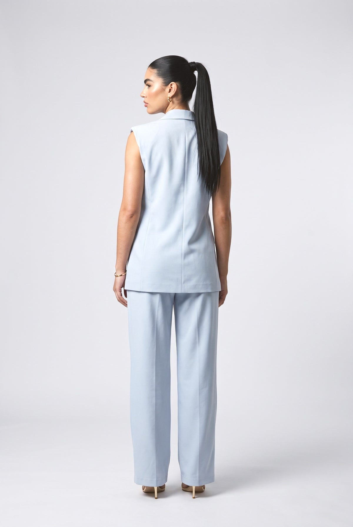 Sleeveless Blazer & Wide-Leg Pants Two-Piece Set, back view