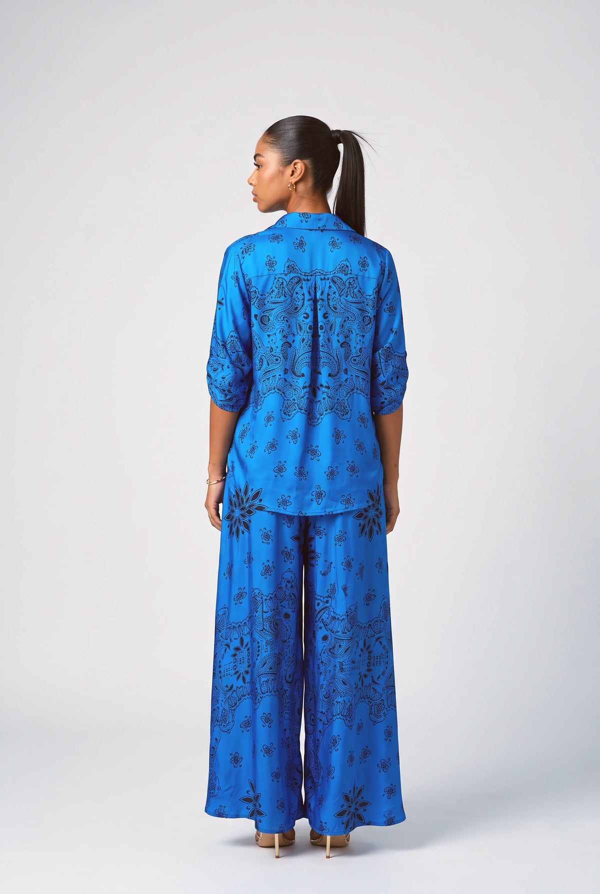 Boho Print Deep V-Neck Top & Wide Leg Pants Two-Piece Set, back view