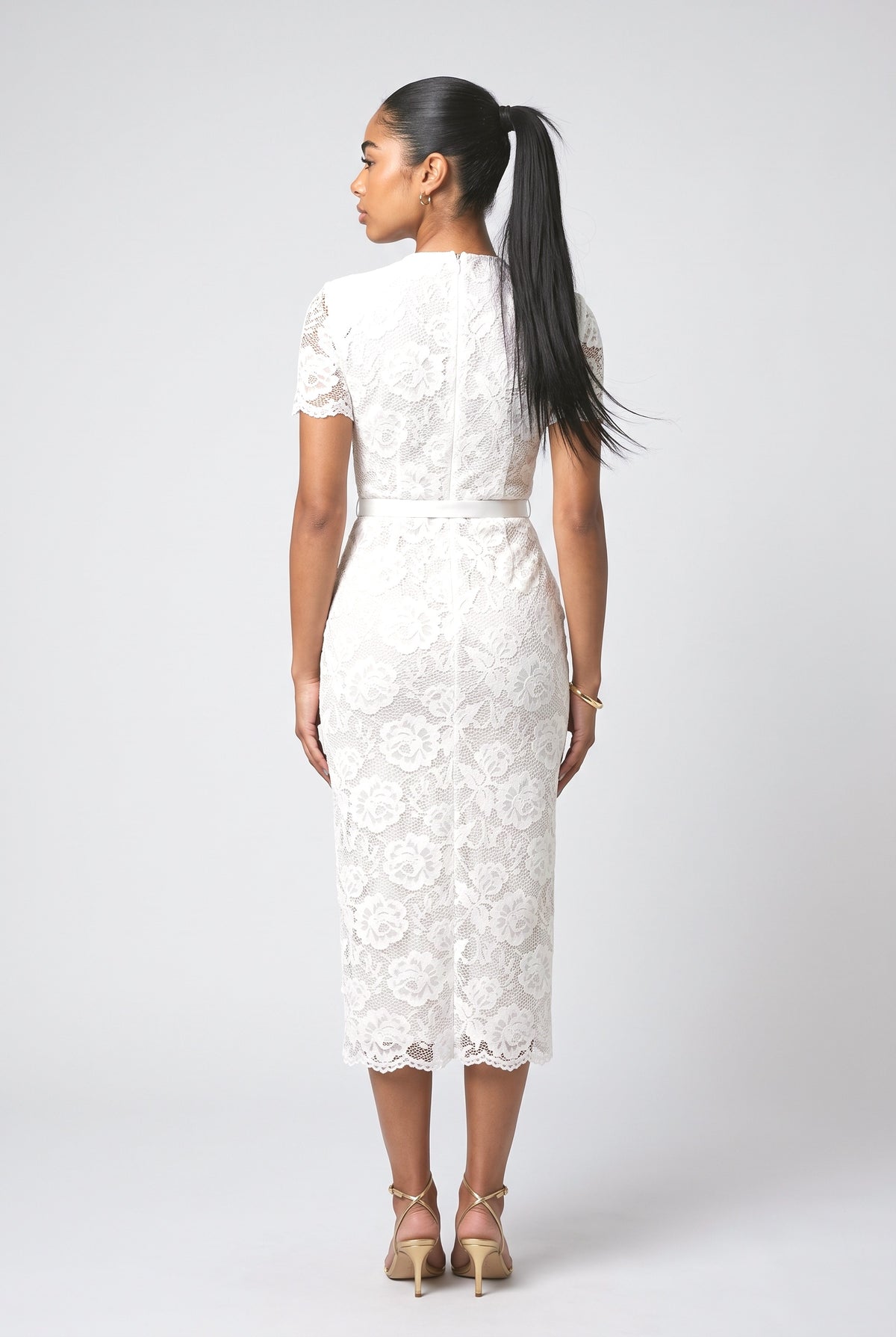 White Floral Lace Midi Dress, back view