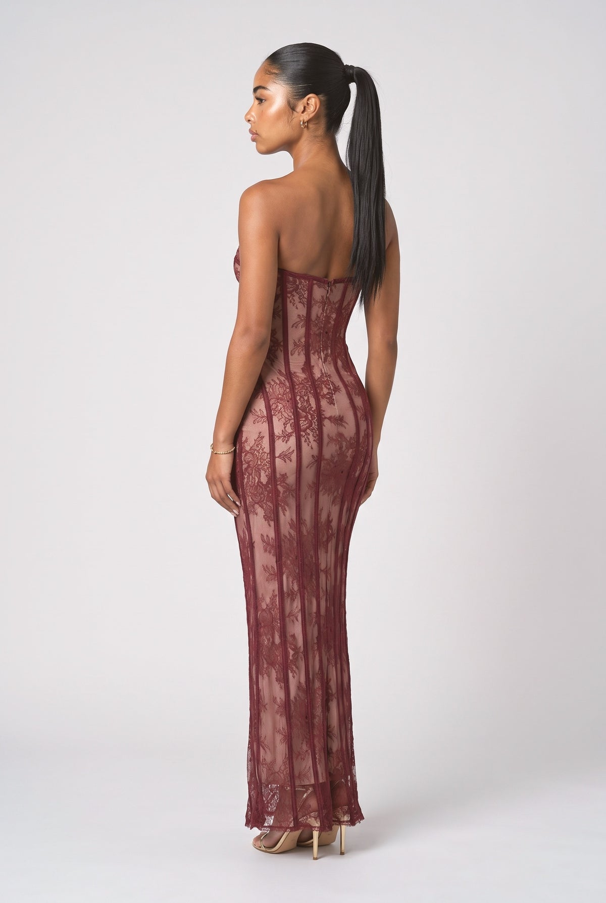 Red Lace Strapless Corset Maxi Dress, back view