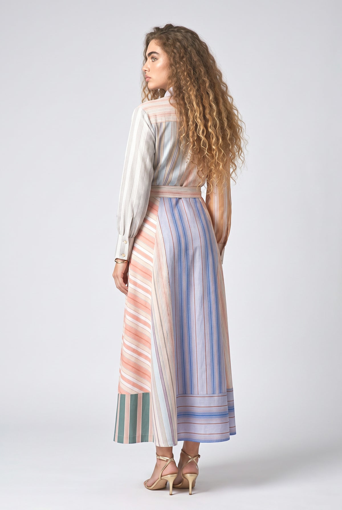 Multicolor Patchwork Stripe Print Long Sleeve Tie Maxi Shirt Dress, back view